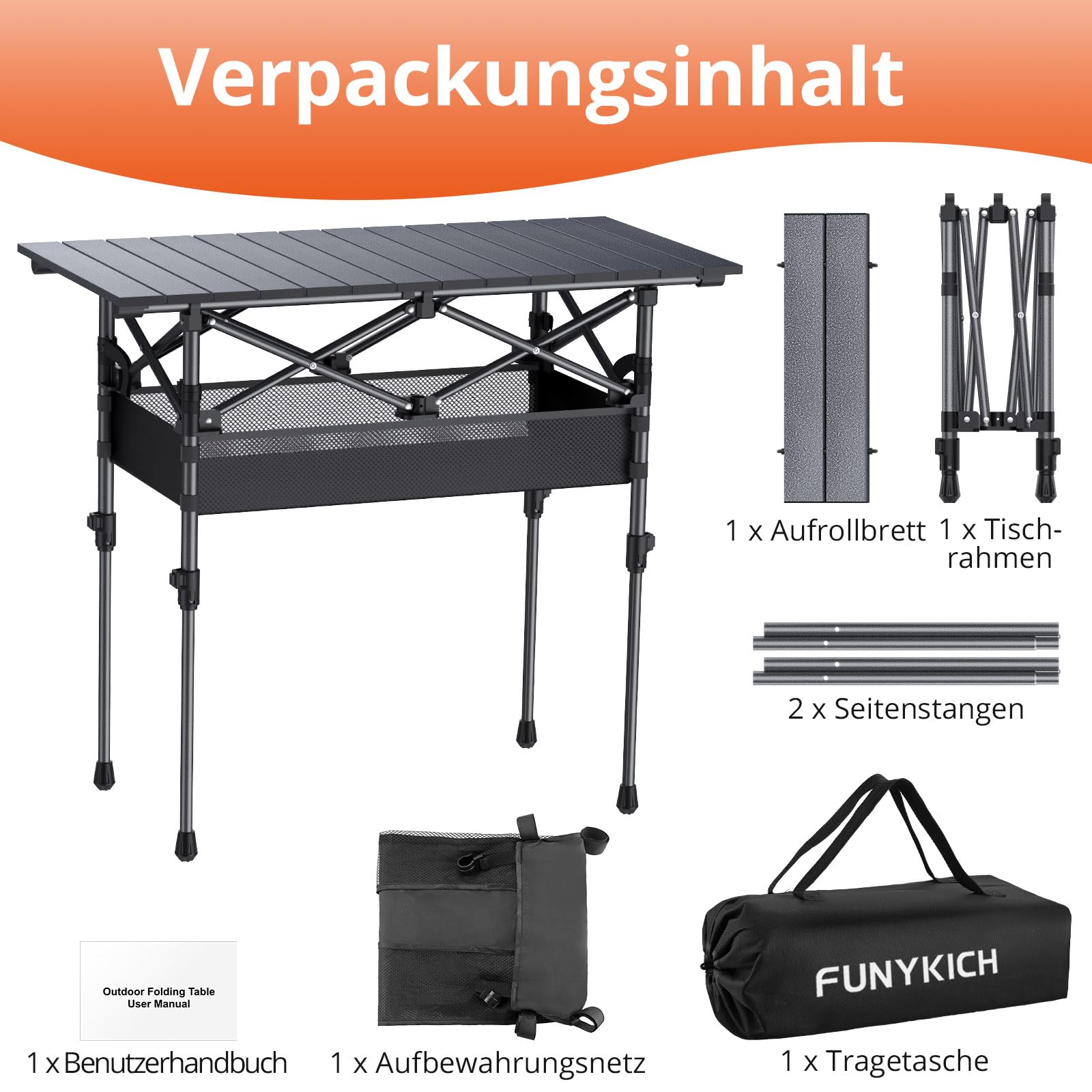 FUNYKICH Campingtisch Klappbar 82 x 40cm, Klapptisch mit 2 Höhenverstellbar(44/70cm), Einfache Montage, Tragbar Falttisch mit Netztasche Aluminium Aufrollbare Tischplatte für BBQ Camping Party Garten
