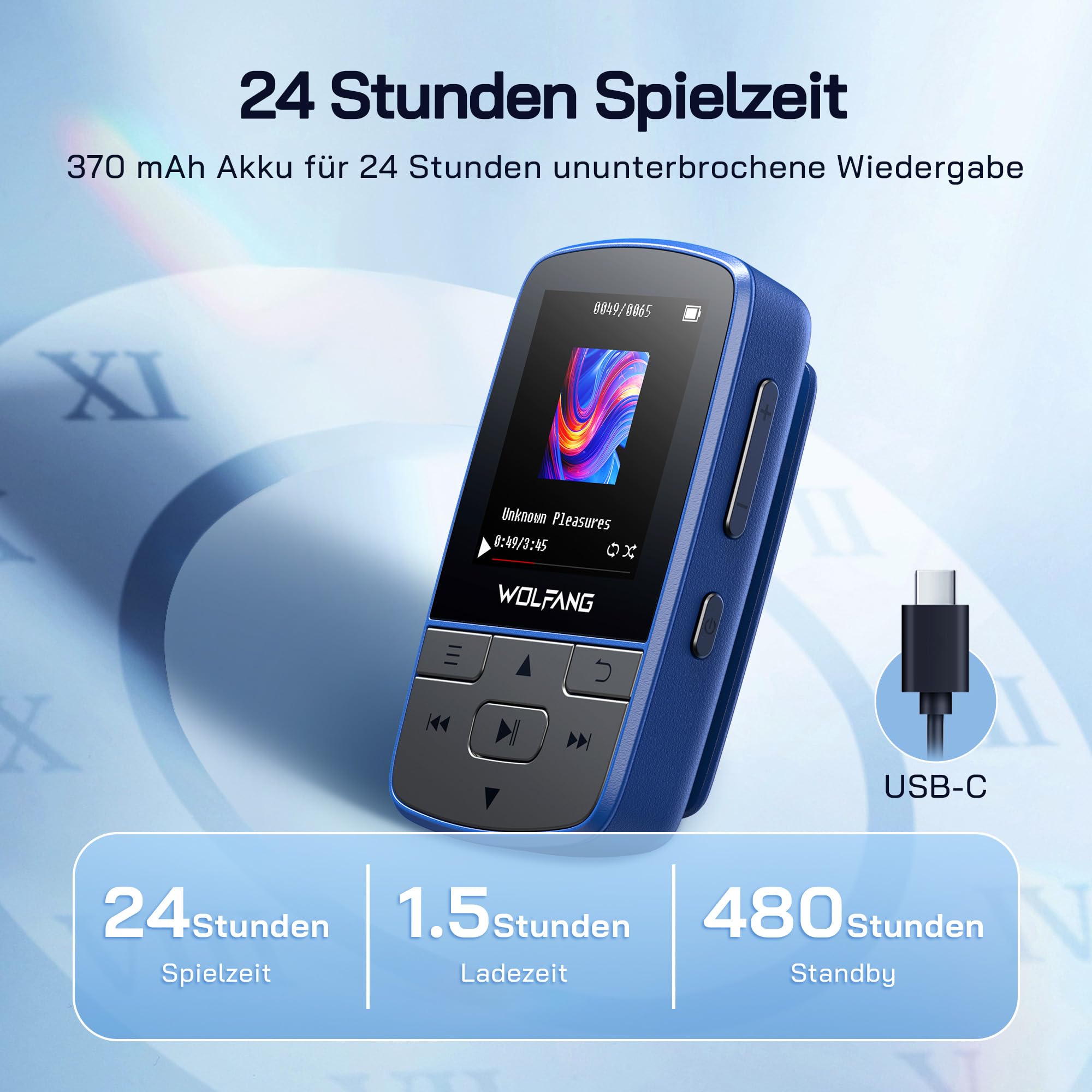 WOLFANG MP3-Player mit Bluetooth 5.2, Sportclip, Mini-Größe, Gewicht 28,3 g, HiFi FM-Radio, Diktiergerät, Kopfhörer im Lieferumfang enthalten