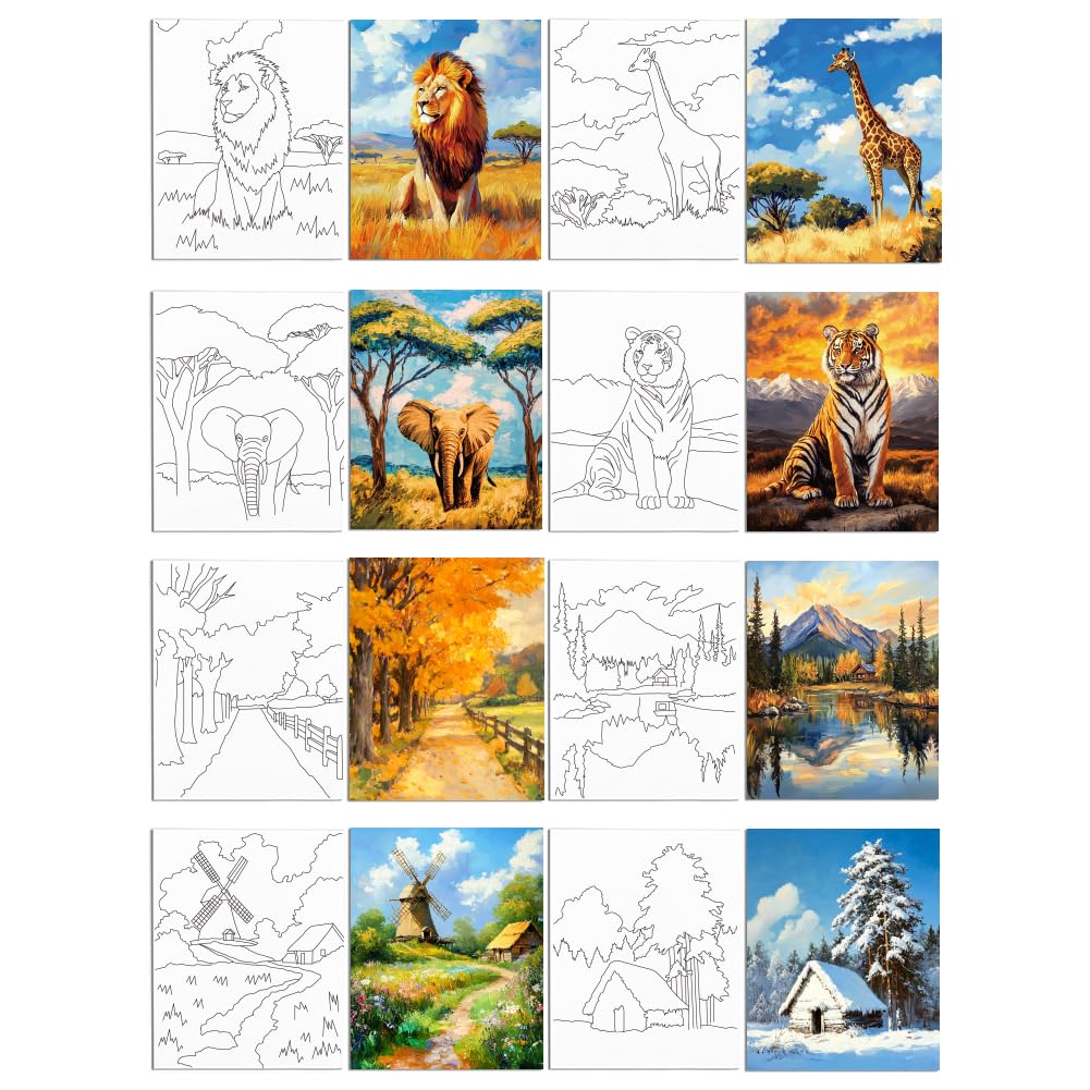 WEBEEDY 8 pezzi Canvas Pre Drawn Set per adulti, 20 x 25 cm Dipinti su tela per Date Night Sorso e vernice Party Supplies regalo (animali e paesaggi)