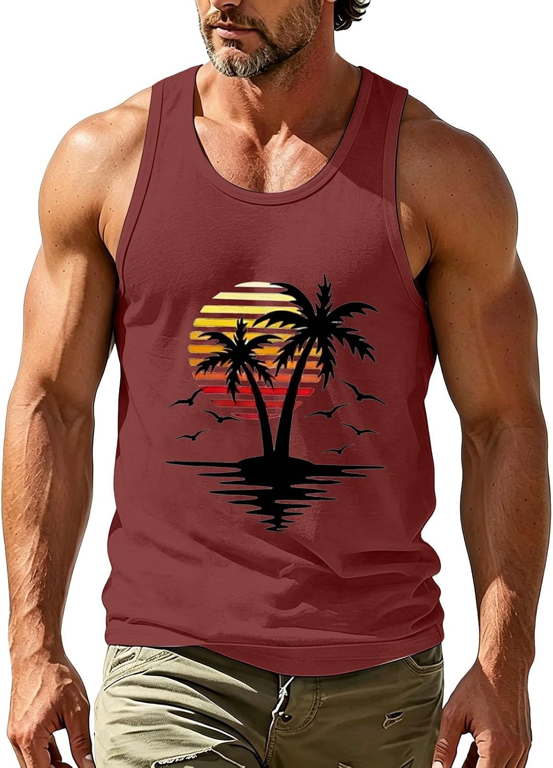 Mens Graphic Tank Tops Sun Palm Tree Printed U Neck Sleeveless T Shirt Men Beach Vacation Vest Plus Size Summer Shirt