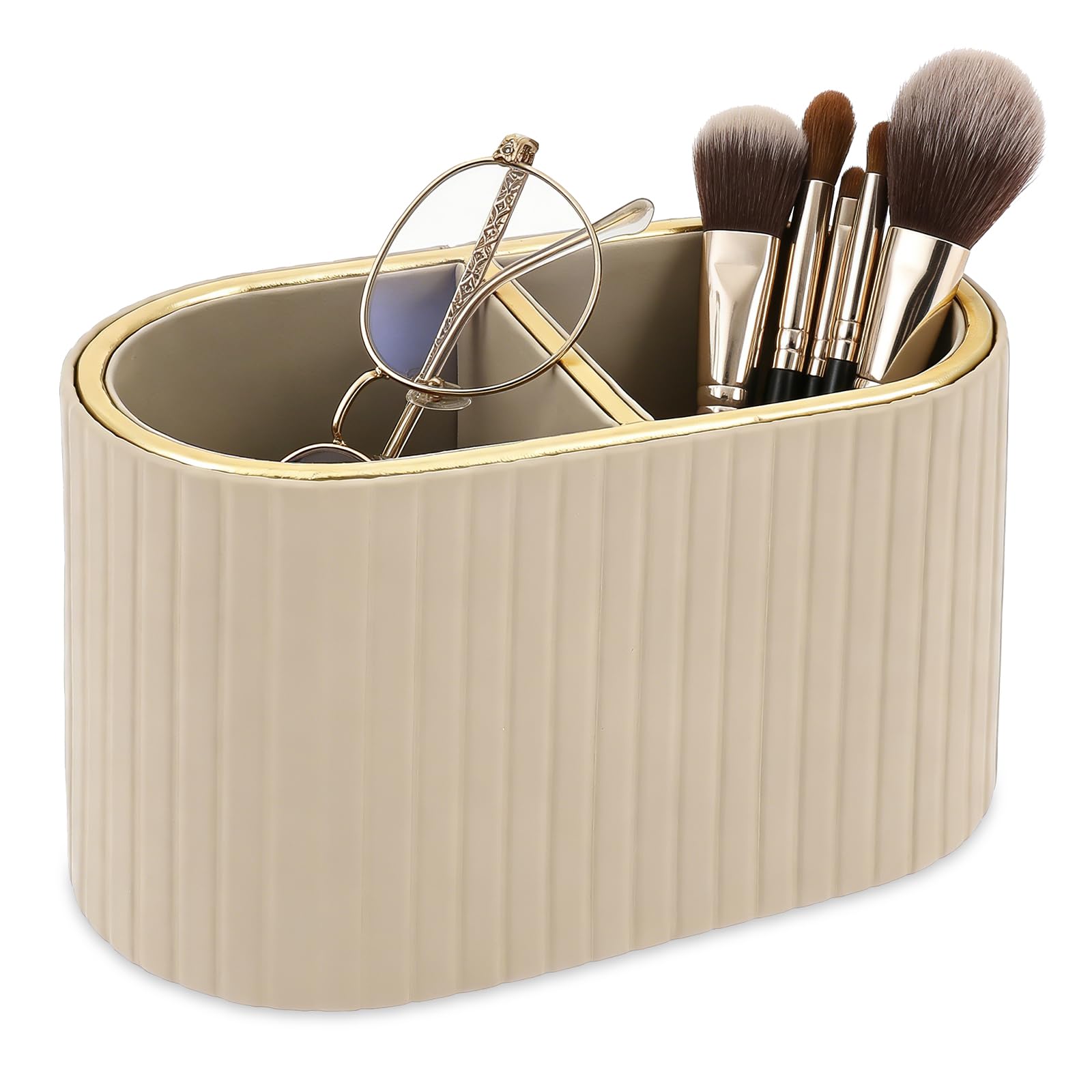 Remote Control Holder,PU Leather Storage Box with 2 Compartments,16.2x8x10cm Remote Caddy for Nightstand/Bedside,Multifunctional Desktop Organiser Pen Holder for Office Supplies Makeup Brushes