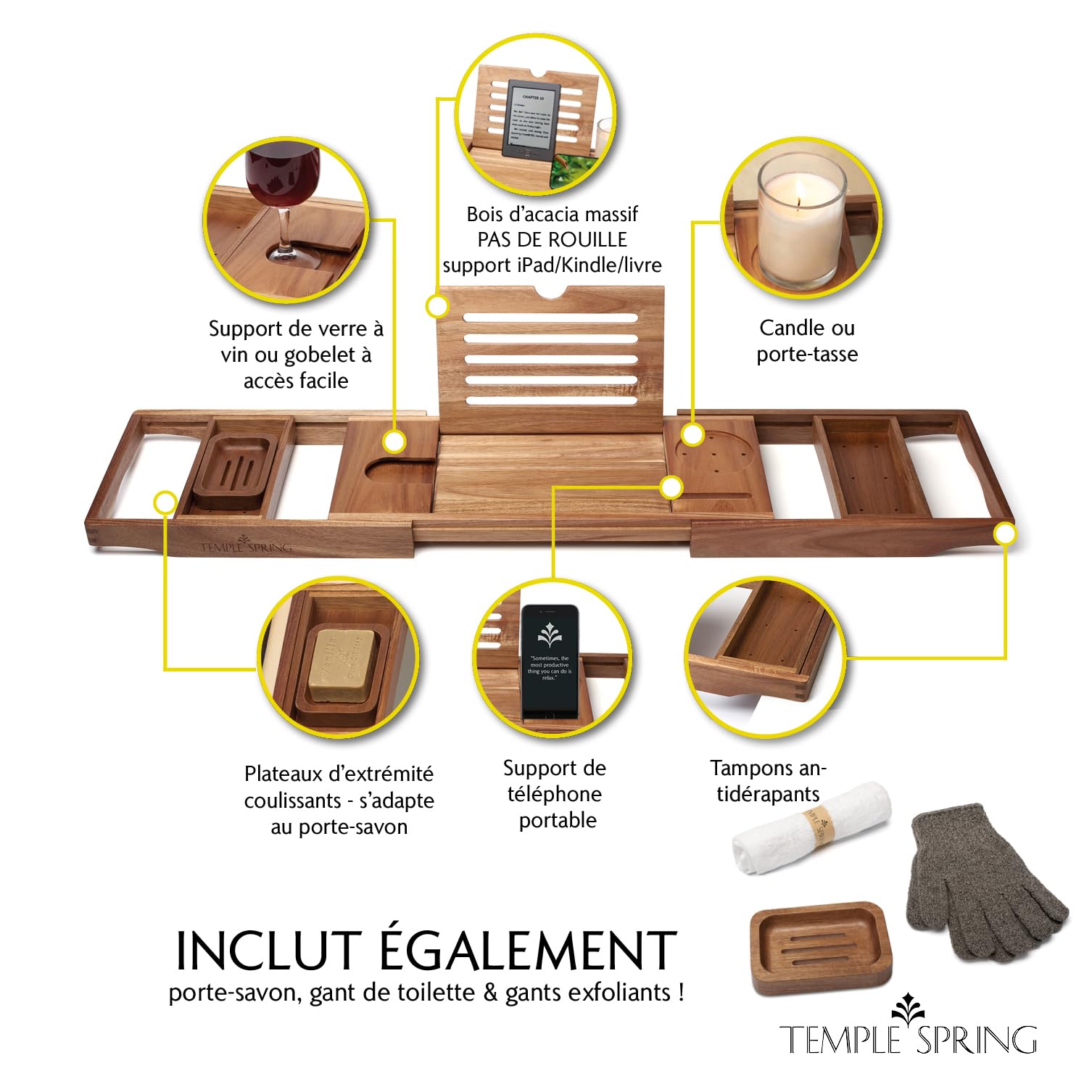 Temple Spring Plateau Baignoire Bois, Accessoires Salle De Bain, Tablette Baignoire, Plateau De Bain, Spa Bath Bridge, Bois D’Acacia - Une Alternative Durable Au Teck