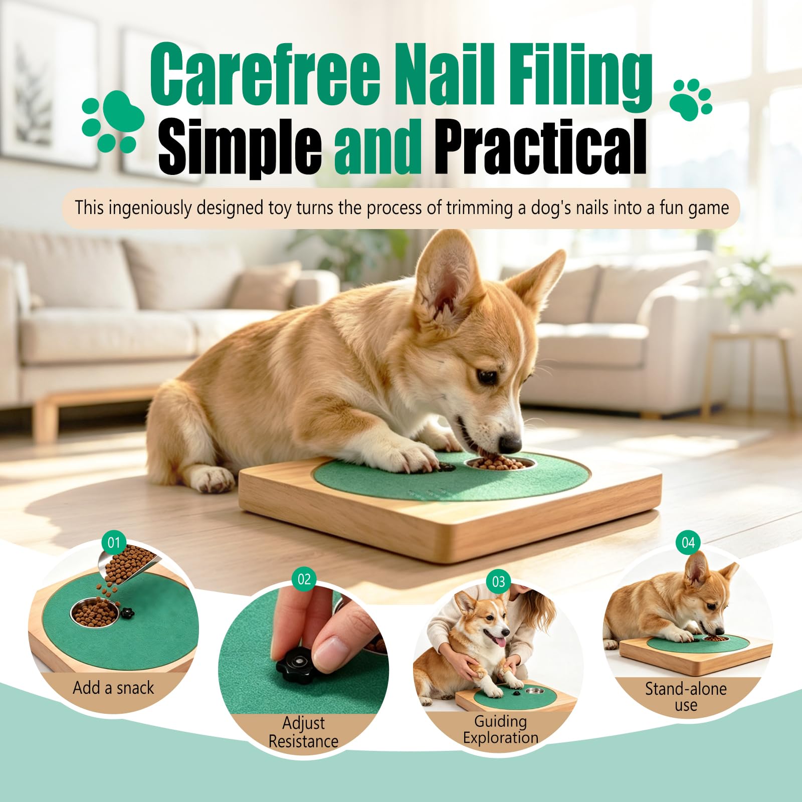 Planche à gratter pour griffes de chien à résistance réglable, avec 6 bols à friandises en acier inoxydable, planche à gratter 3 en 1 en bois pour les ongles, planche à gratter pour pattes pour un