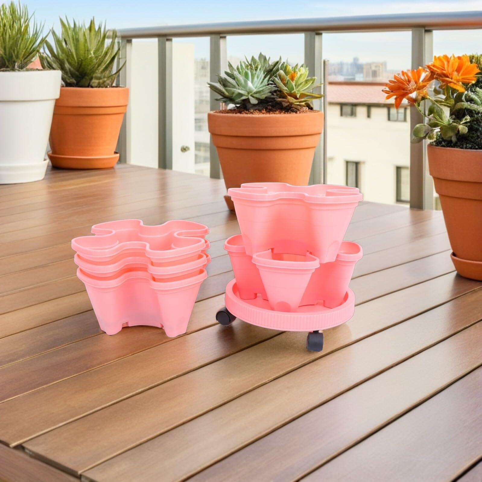 ibasenice Jardinière Empilable 6 Pièces en Plastique Rose Tour de Jardinage Verticale Multifonction pour Fraisiers et Plantes d'Extérieur Pots à Fleurs Modulables pour Terrasse et Balcon