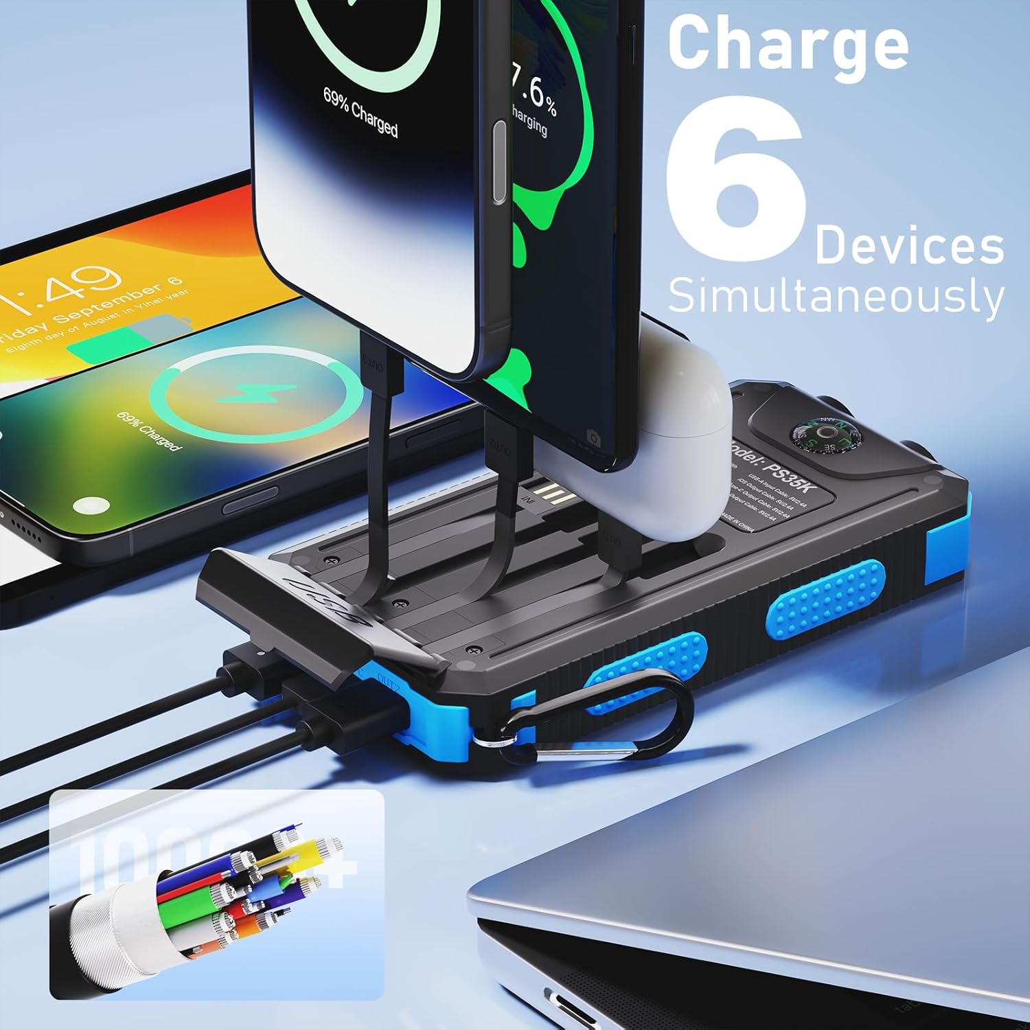 Solar Charger Power Bank 20,000mAh, Portable Charger, 4 Cables 3 Ports Fast Charging External Battery Pack with USB C for Cell Phones, Solar Panel Charger with Dual Flashlight for Camping - Image 5