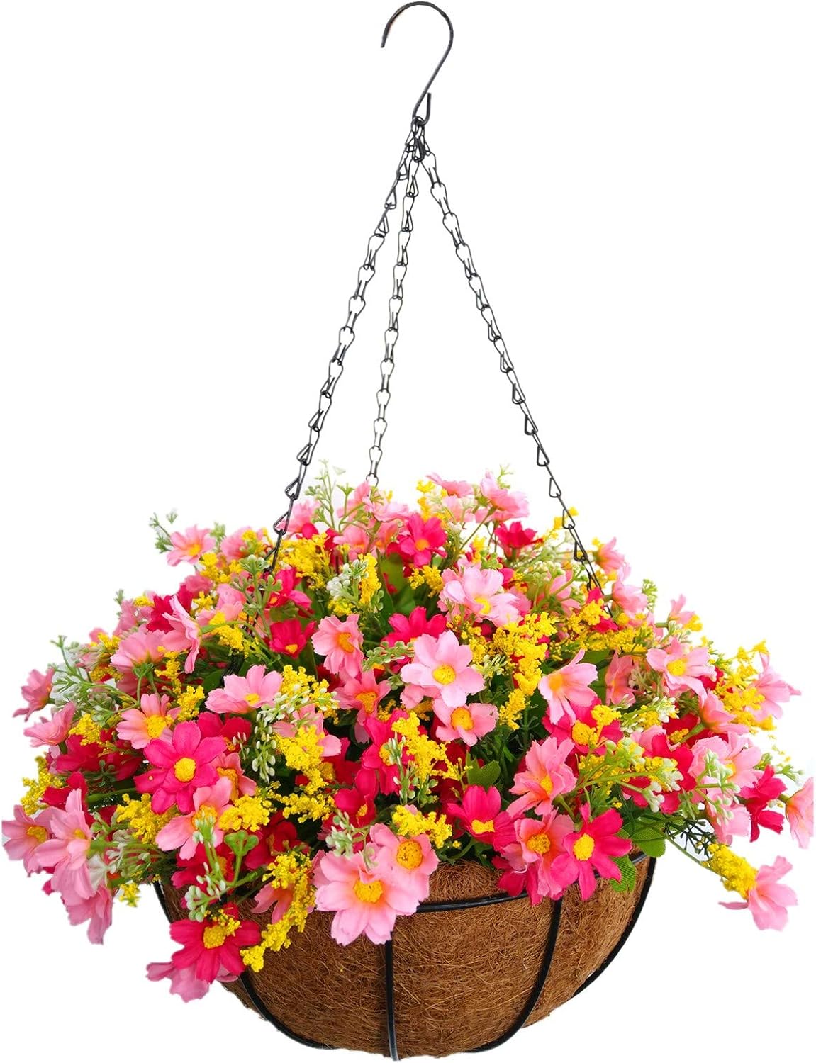 Home and Outdoors Silk Chain Hanging Basket Flowerpot Flowers Artificial Daisy Red Flowers and Pink Flowers (Medium Basket)