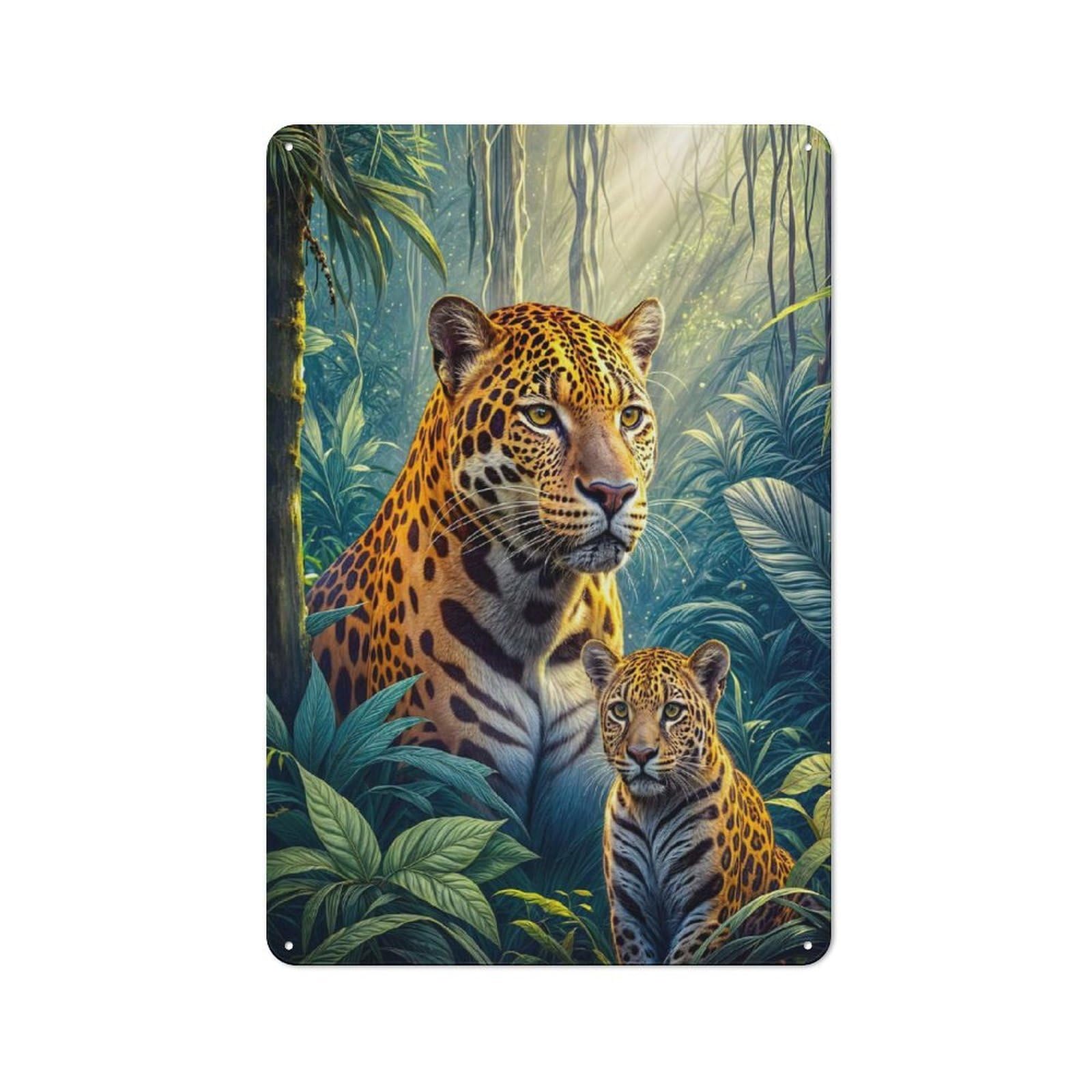 Junmoney Jaguar With Cub In Forest 30X20cm Rustic Metal Sign With For Guest Room Or Hallway, For Vintage Wall Decor Fans, For Metal Sign Collectors