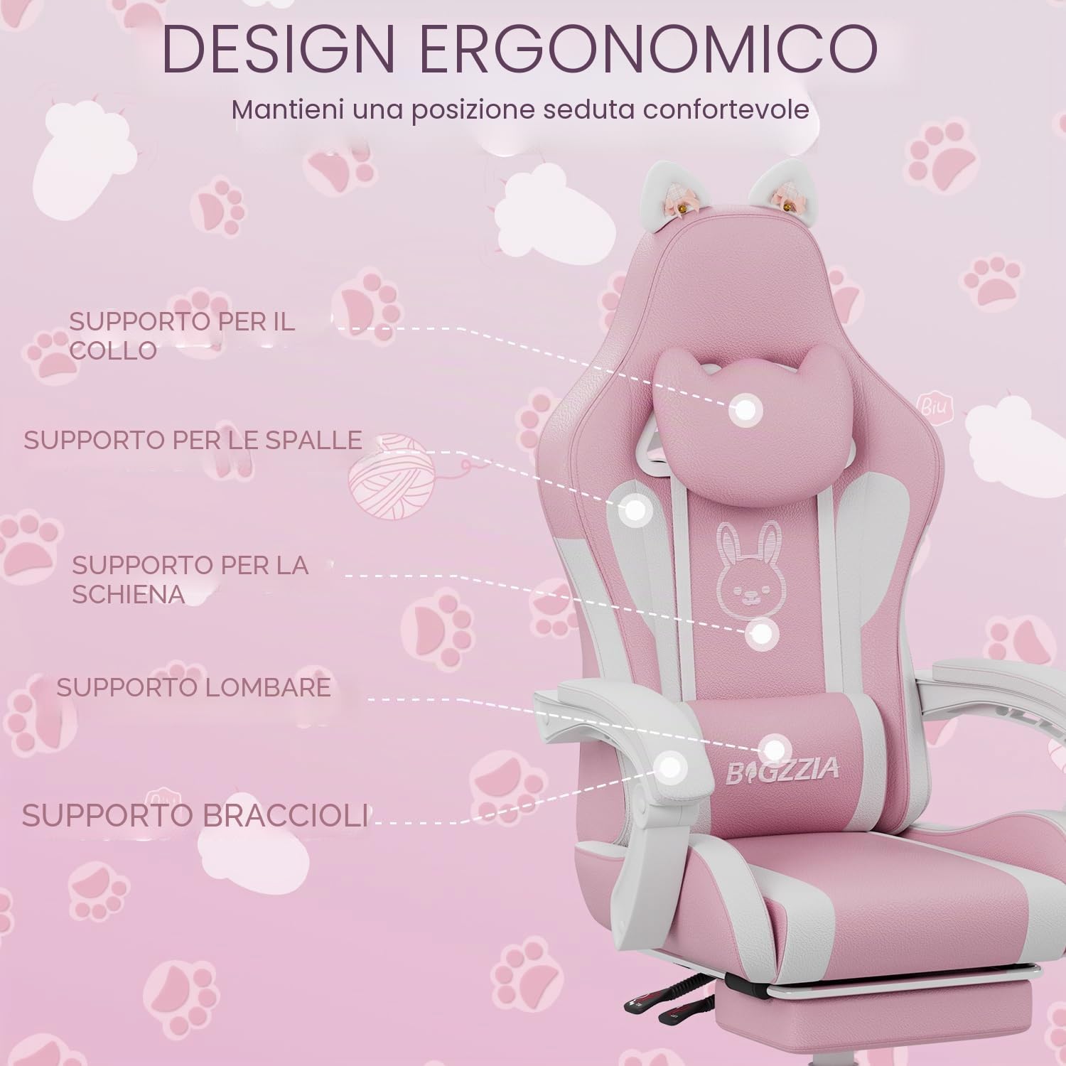 bigzzia Sedia Gaming Carina con Orecchie di Gatto, Sedia da Gioco con supporto Lombare Massaggiante, Sedia Ergonomica per Computer per Ragazza con Poggiapiedi e Poggiatesta (rosa e bianco)