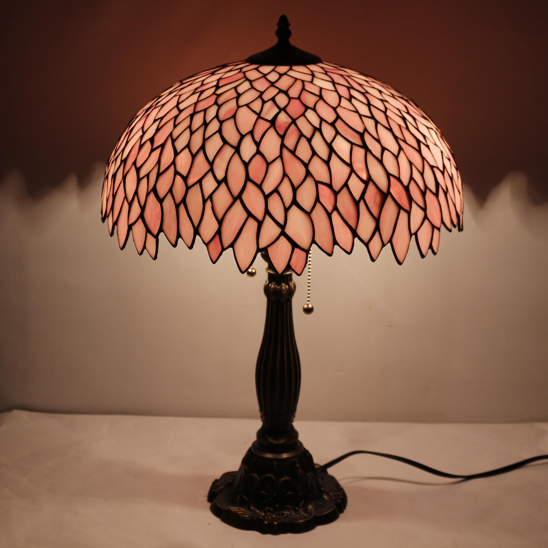 WERFACTORY Tiffany Lamp Stained Glass Style Bedside Table Lamp Pink Wisteria Desk Reading Light Resin Base 16X16X24 Inches — view 6
