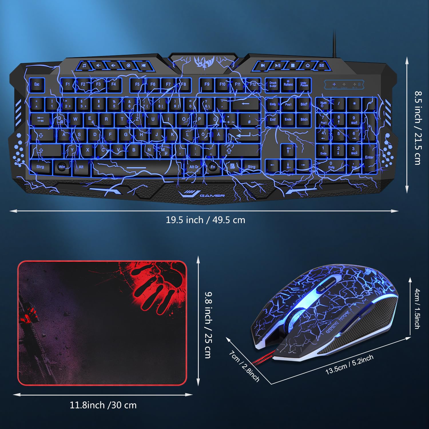 QWERTZ DE - Set tastiera e mouse da gioco, 114 tasti, tastiera retroilluminata a LED, mouse da gioco ergonomico a 4 colori, grande tappetino per mouse, USB per PC PS5 Xbox