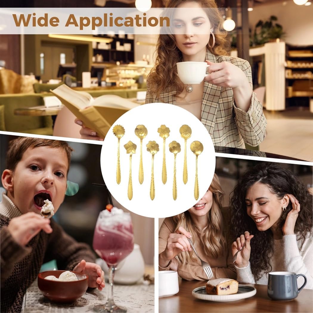 Teaspoon Coffee Cute Tableware Mini, Stainless Steel Sugar Coffee Spoons Stirring, Fourty Pcs Flower Spoons Dessert Golden, Cafe Bar Tea Small Spoons, Eight Styles