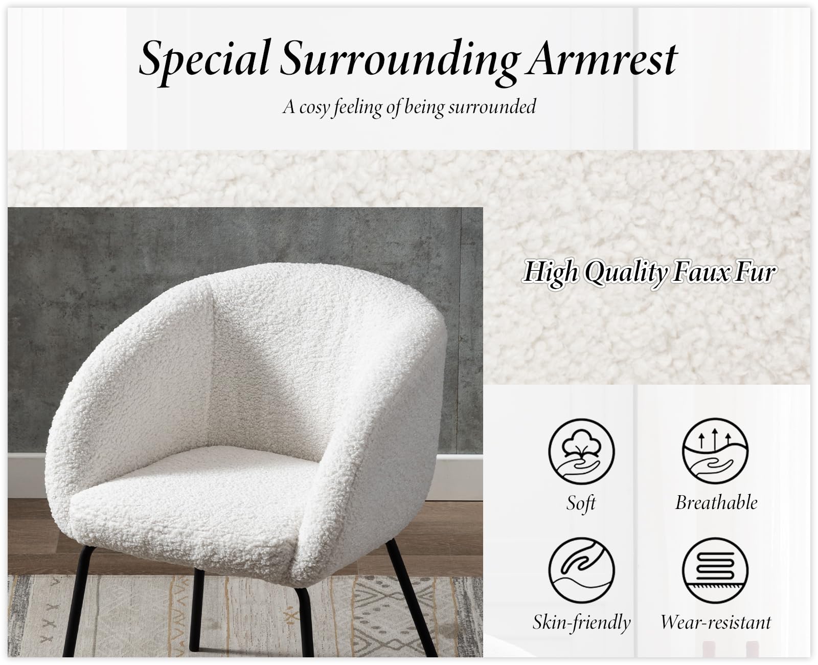 Ya-Home Fauteuil Salon en Fausse Fourrure Moderne Chaise de Chambre avec Dossier Fauteuil Relax Confortable avec Pieds en Métal, Blanc