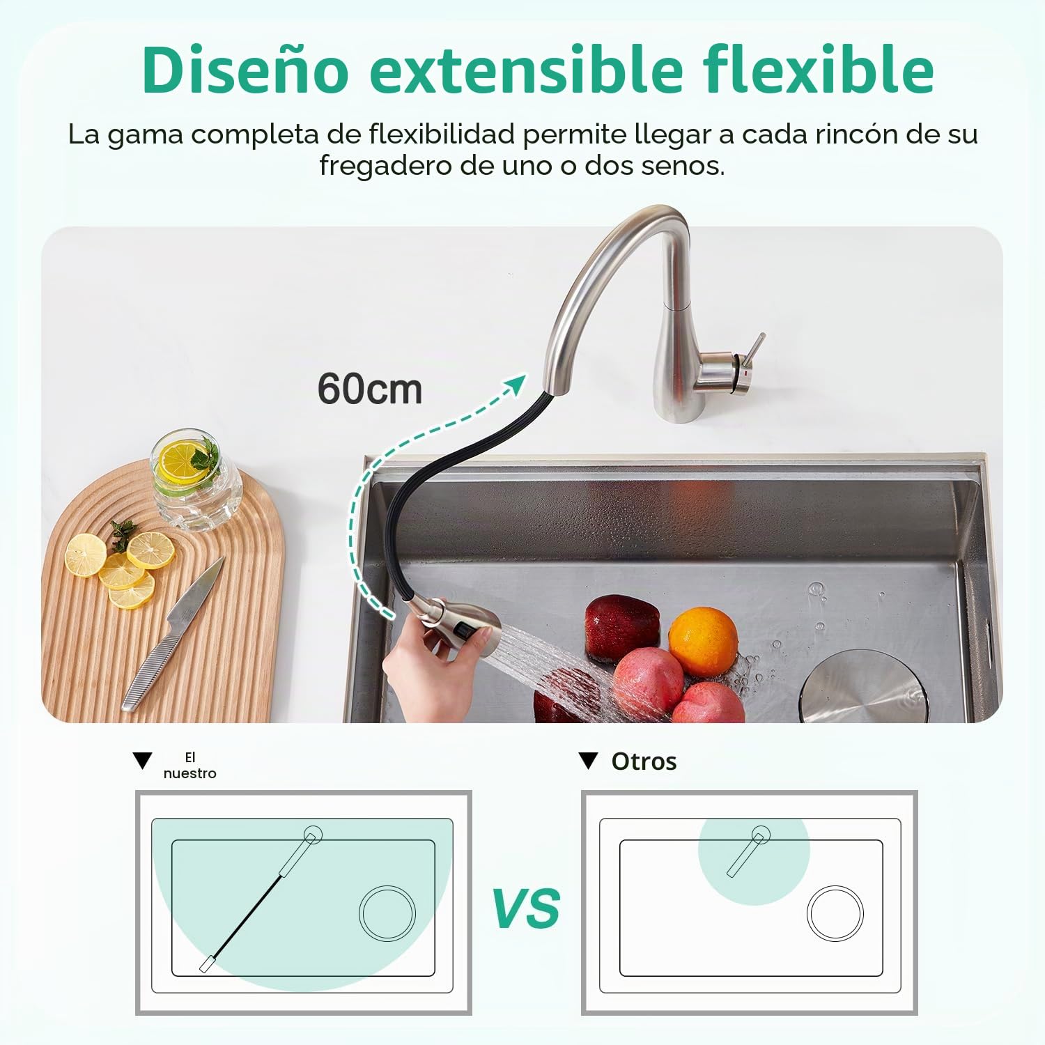 CREA Grifo de Cocina para Fregadero con Ducha extensible, Mezclador Monomando, cepillado