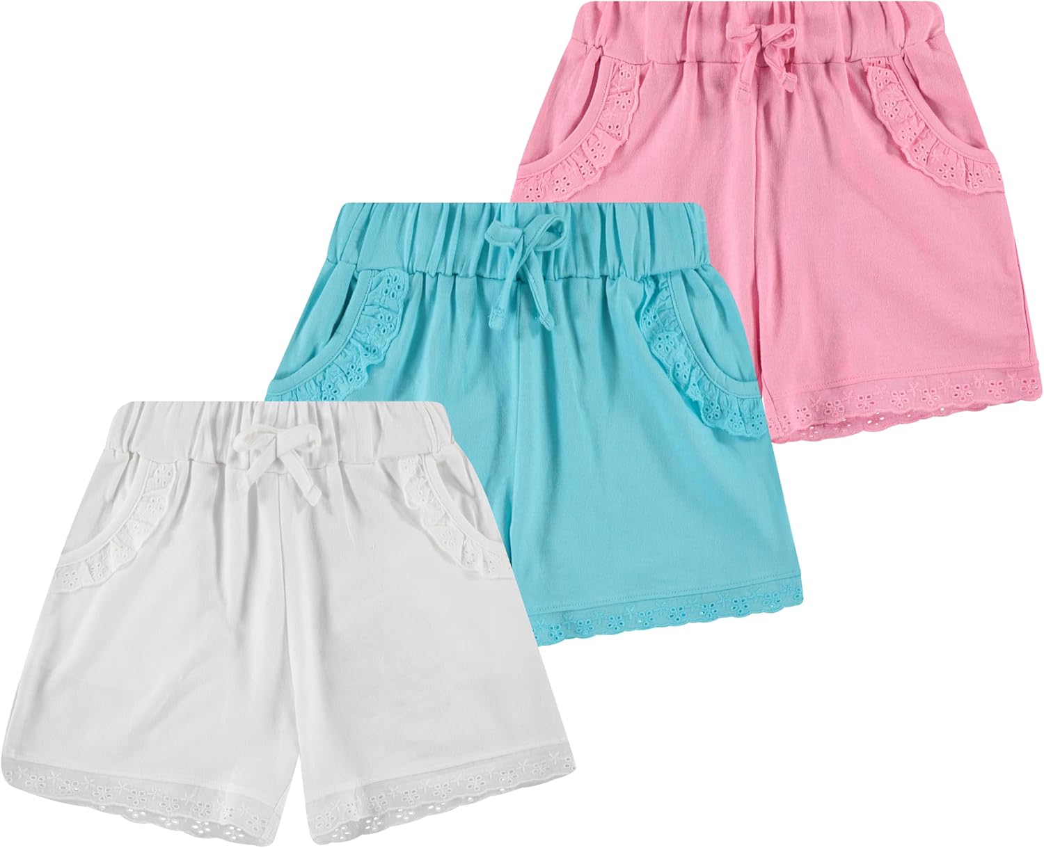 Pink Angel 3-Pack Girls' Eyelet Trim Shorts with Pockets – Multipack of Three Bottoms - Soft, Stylish & for Everyday