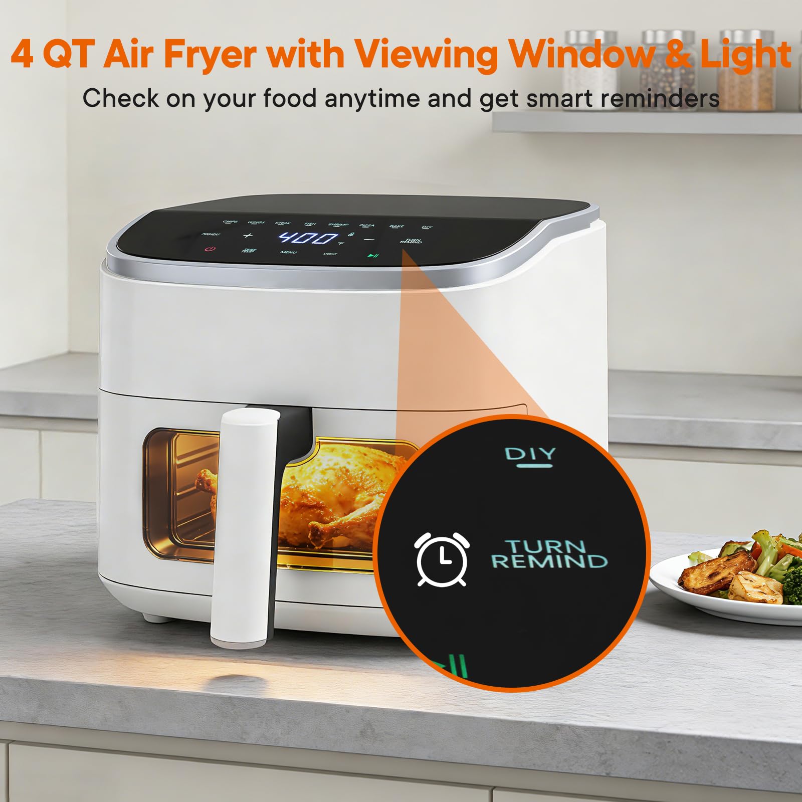 OLIXIS 4QT Air Fryer with Visible Window, 1500W Digital Touchscreen Air Fryer with 8 Presets, Auto Shut Off & Nonstick Dishwasher Safe Basket, 60-Min Timer, Max 400°F, White view 2