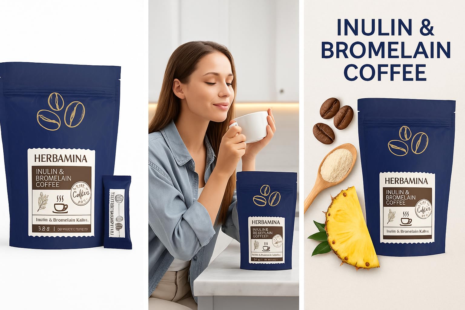 Herbamina Inulin und Bromelain Kaffee 3er-Set – 3 × 30 Portionsbeutel à 3g, 270g Gesamt | Löslicher Kaffee mit Inulin-Ballaststoff und Bromelain-Enzym