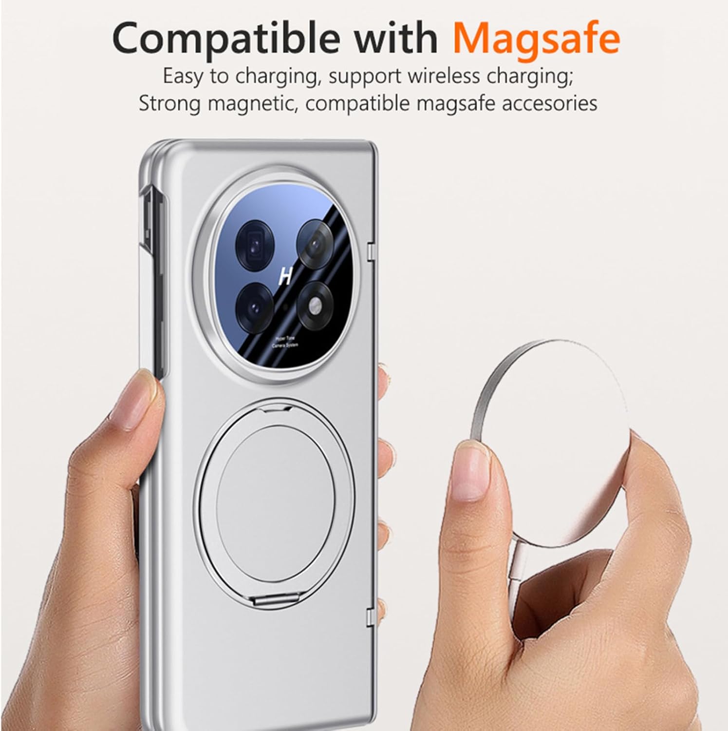 for Oppo Find N5 Magnetic Case with Rotating Ring Holder, Kickstand Case with Screen Protector Hinge Protection Support Wireless Charging Slim Hard PC Protective Cover for Oppo Find N5 Silver