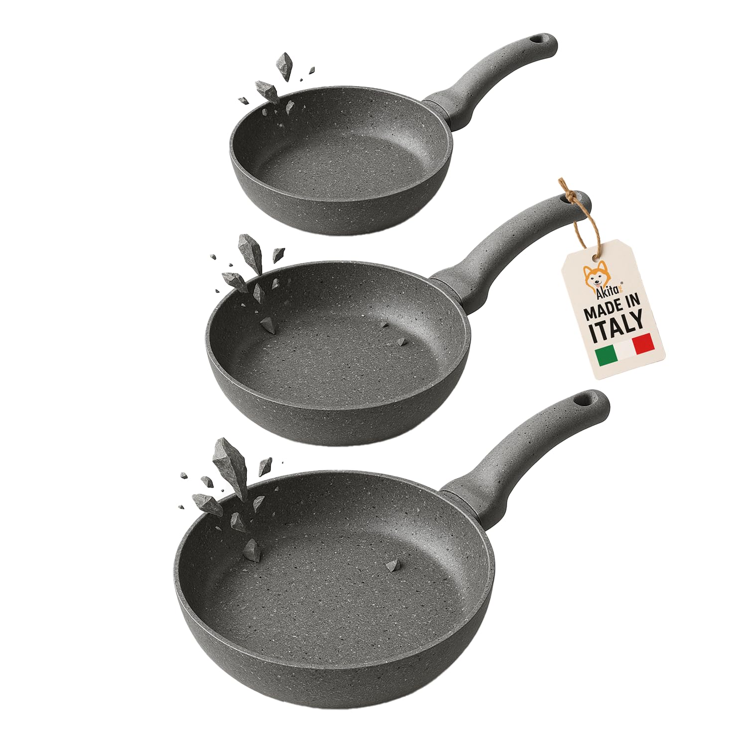 AKITAInk Set 3 Padelle Primolla Stone Effetto Pietra Antiaderenti - Tris Padelle Diametro 20-24-28 cm, Rivestimento 6 Strati, Manico Ergonomico, Made in Italy