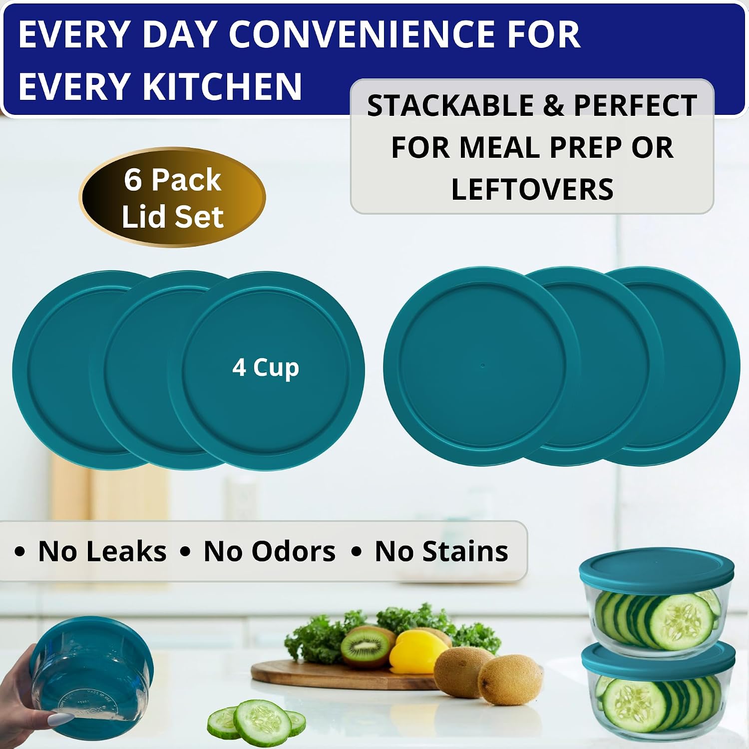 KlareWare Replacement Lids for - 4 Cup Storage Bowl Covers, BPA Free Plastic Lids for Pyrex 7201, Anchor Hocking (6 Pack, Turquoise) - Containers NOT Included