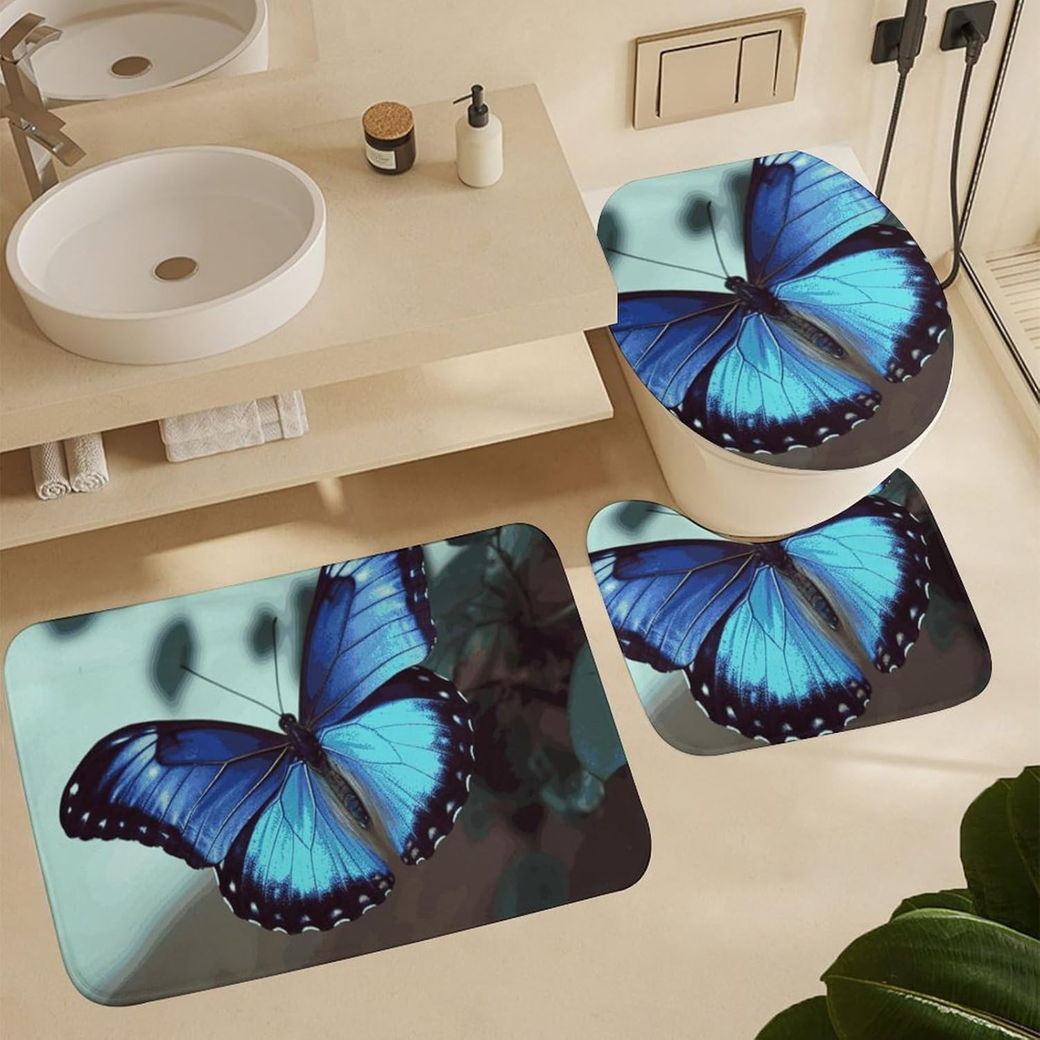 4 Piece Bathroom Rug Set with Shower Curtain, Non-Slip Bath Mat Toilet Cover Set, Blue Butterfly Bathroom Rug Sets