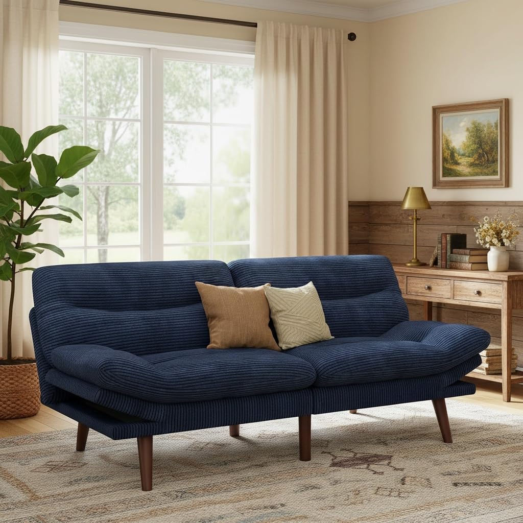 Marsail Futon Sofa Bed, 66” Futon Couch with Adjustable Backrest & Armrests, Convertible Small Sleeper Sofa Bed for Small Apartments, Study Room, Office, Corduroy Loveseat, Blue