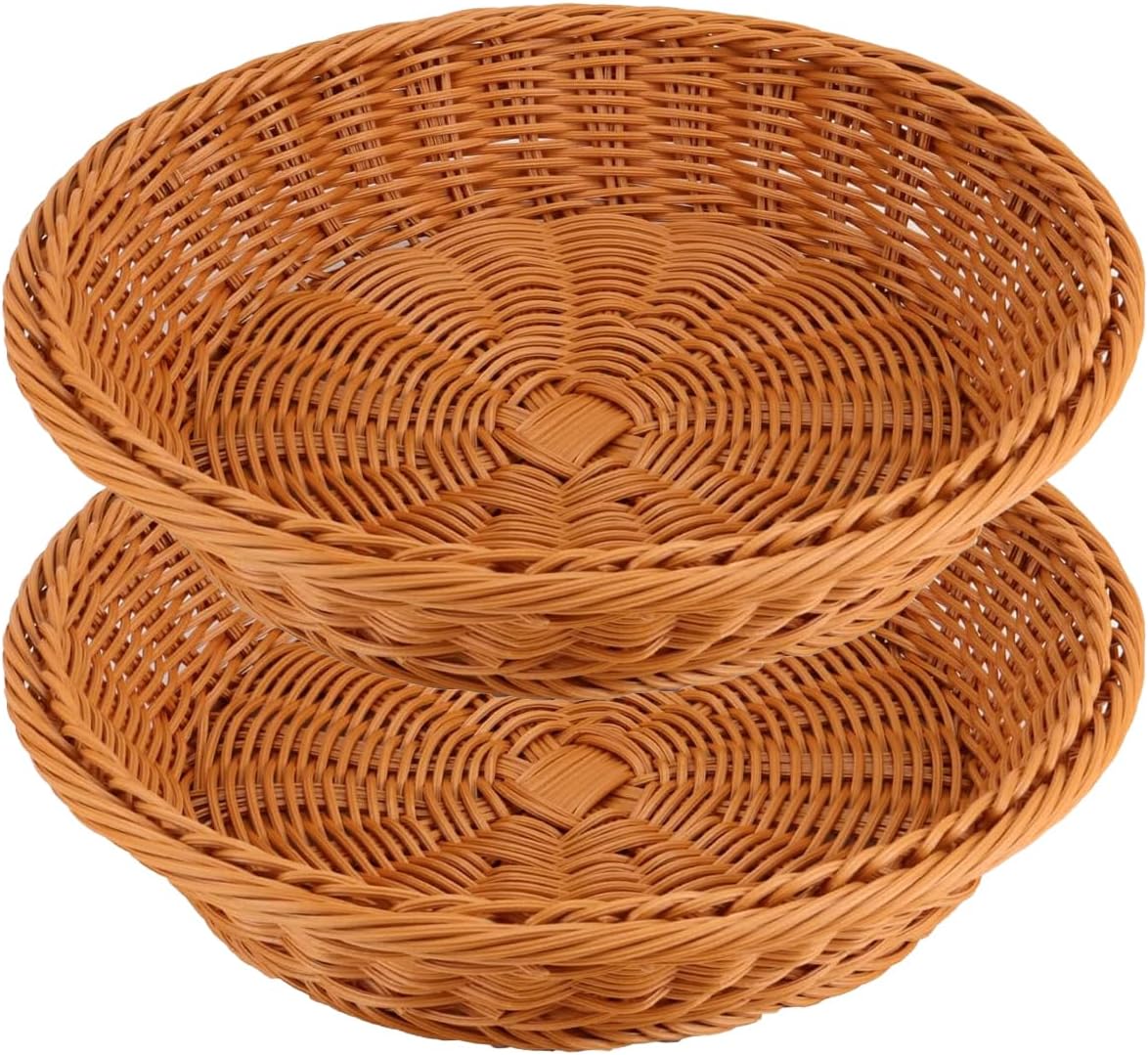 RT&BS 2pcs Round Wicker Bread Basket, Round Wicker Fruit Basket, Easter Baskets, Reusable Handwoven Serving Baskets for Kitchen, Store, Restaurant, Outdoor, Party (Brown, M)