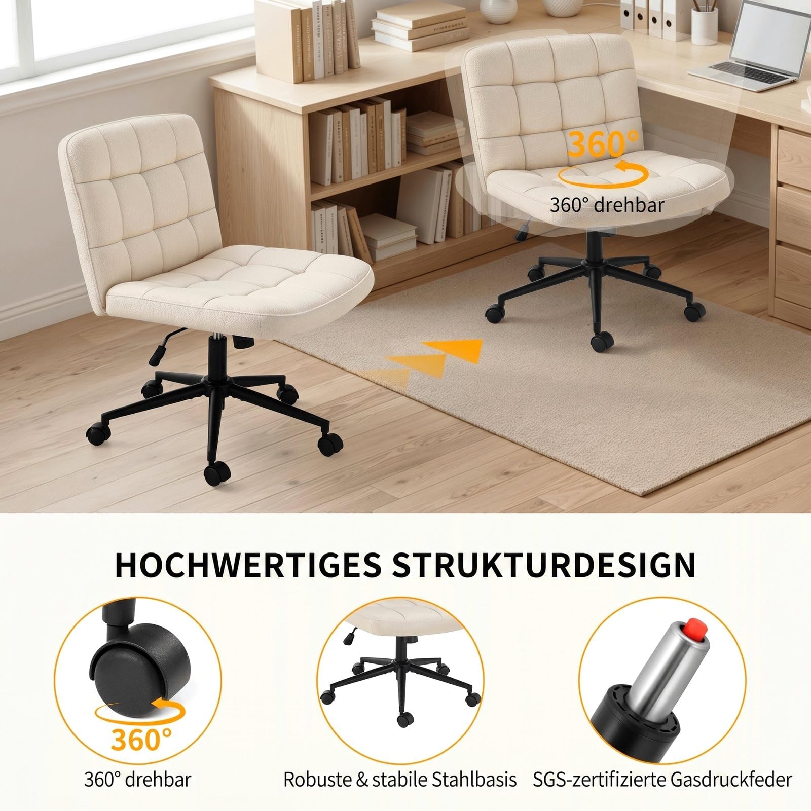 Clevich Bürostuhl Ohne Armlehne, breiter Schneidersitz Schreibtischstuhl, ergonomischer höhenverstellbar, moderner Drehstuhl mit Wippfunktion für Home Office und Schlafzimme (Leinen, Beige)