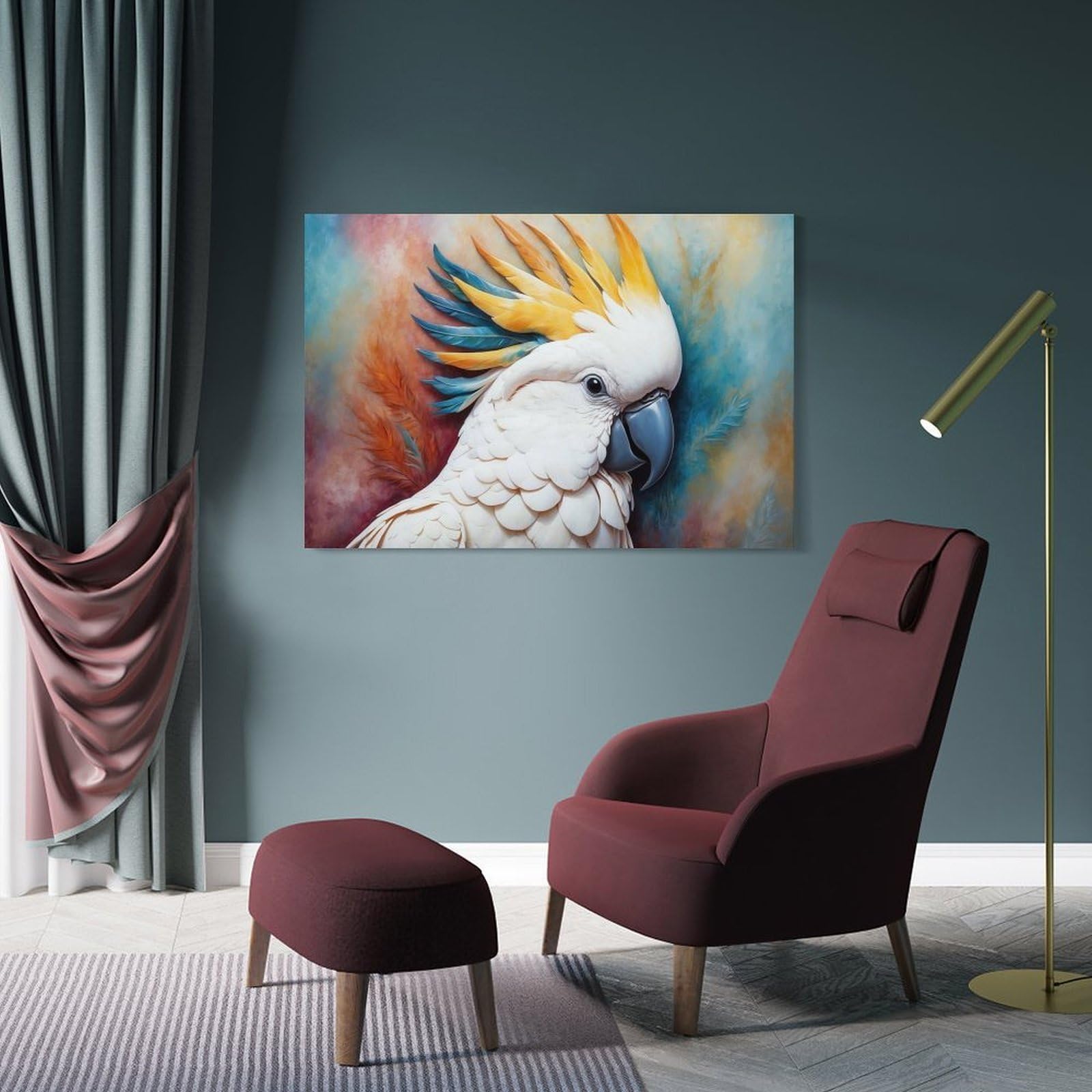 Junmoney Frame-Style-17-1 Canvas Wall Decor Elegant Cockatoo Portrait With Colorful Feathers, 24X36inch(60X90cm), For Flats, Guest Rooms Or Compact Rooms, Wall Decor With Flexible Room Appeal