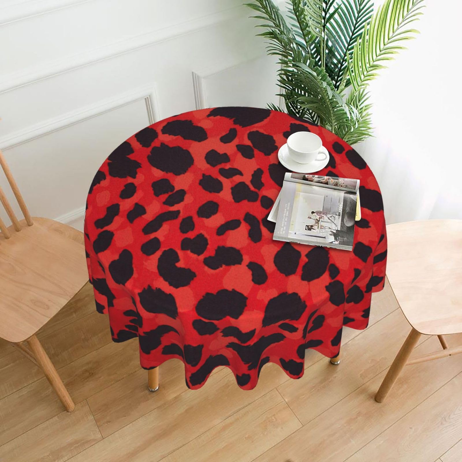 Uusnwaa Red Leopard Pattern Print Round Tablecloth 60 Inch, Stain Wrinkle Resistant Washable Polyester Table Cover For Kitchen Party