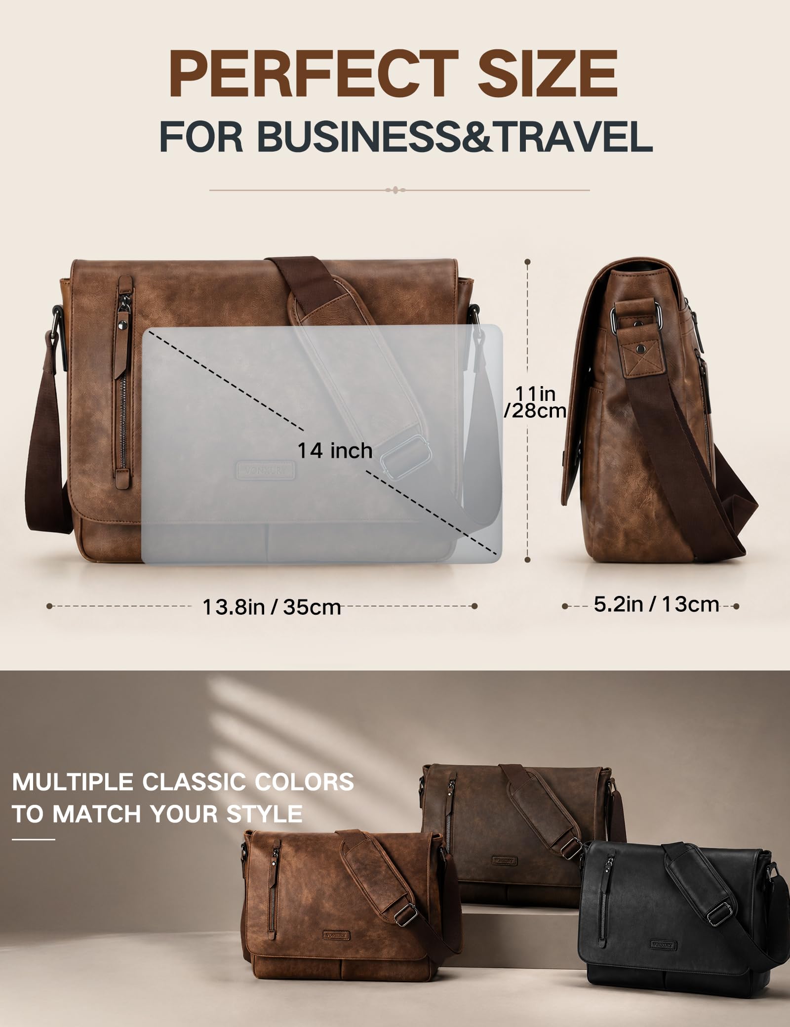 VX VONXURY Umhängetasche Herren und Damen, Vegan Leder 14 Zoll Laptoptasche Messenger Bag Arbeitstasche für Arbeit Schule(Braun)