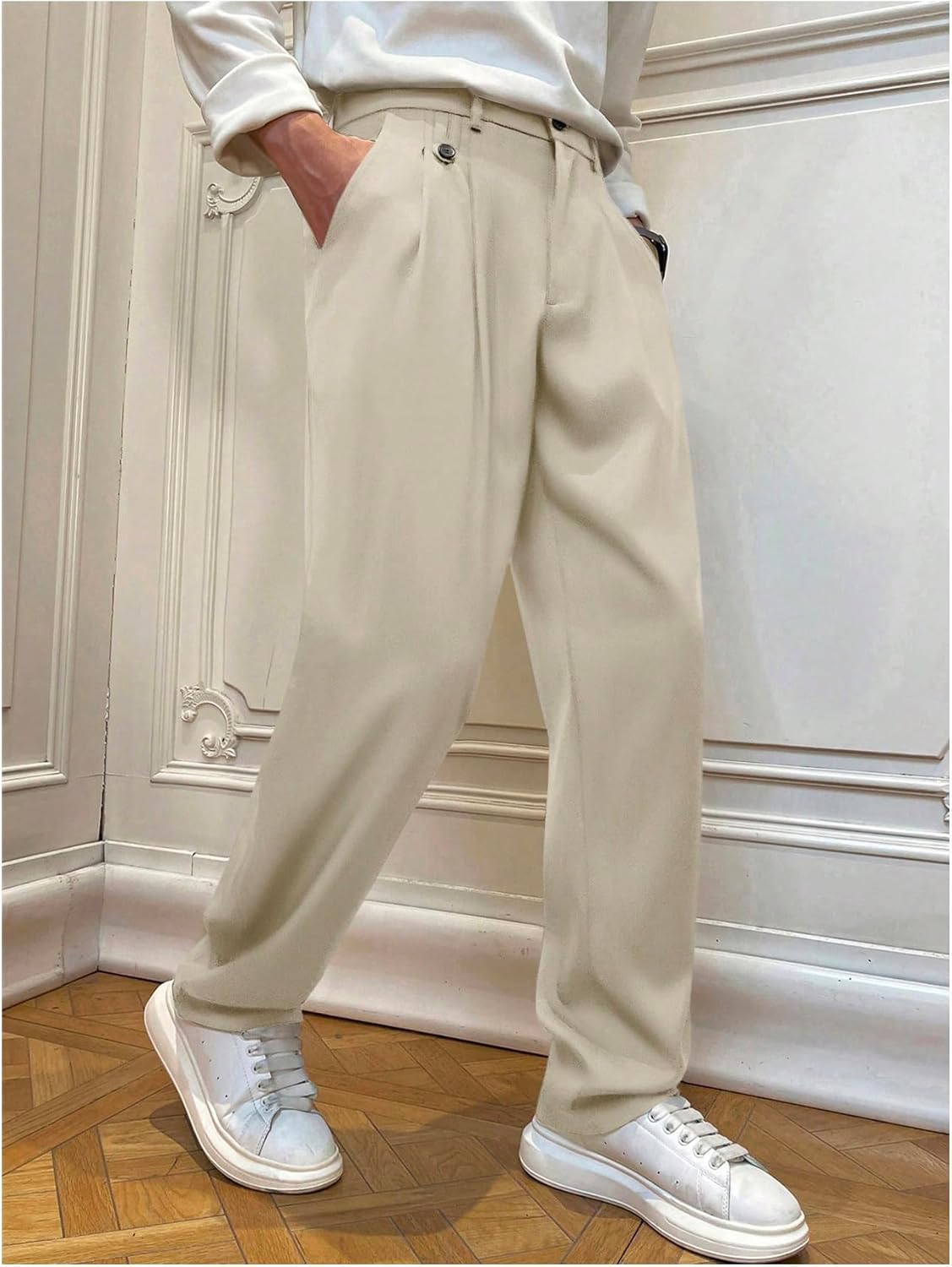 OYOANGLE Men's Pleated Dress Pants Straight Leg Zipper Fly Business Suit Pants with Pockets - Image 3