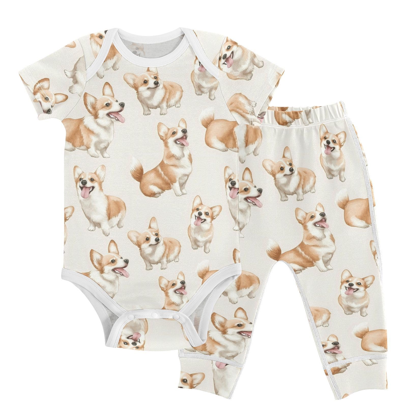 vvfelixl Corgi Dog Baby Layette Sets,Baby Bodysuits Set Unisex Short Sleeve Babys Pants Sets 9-12M