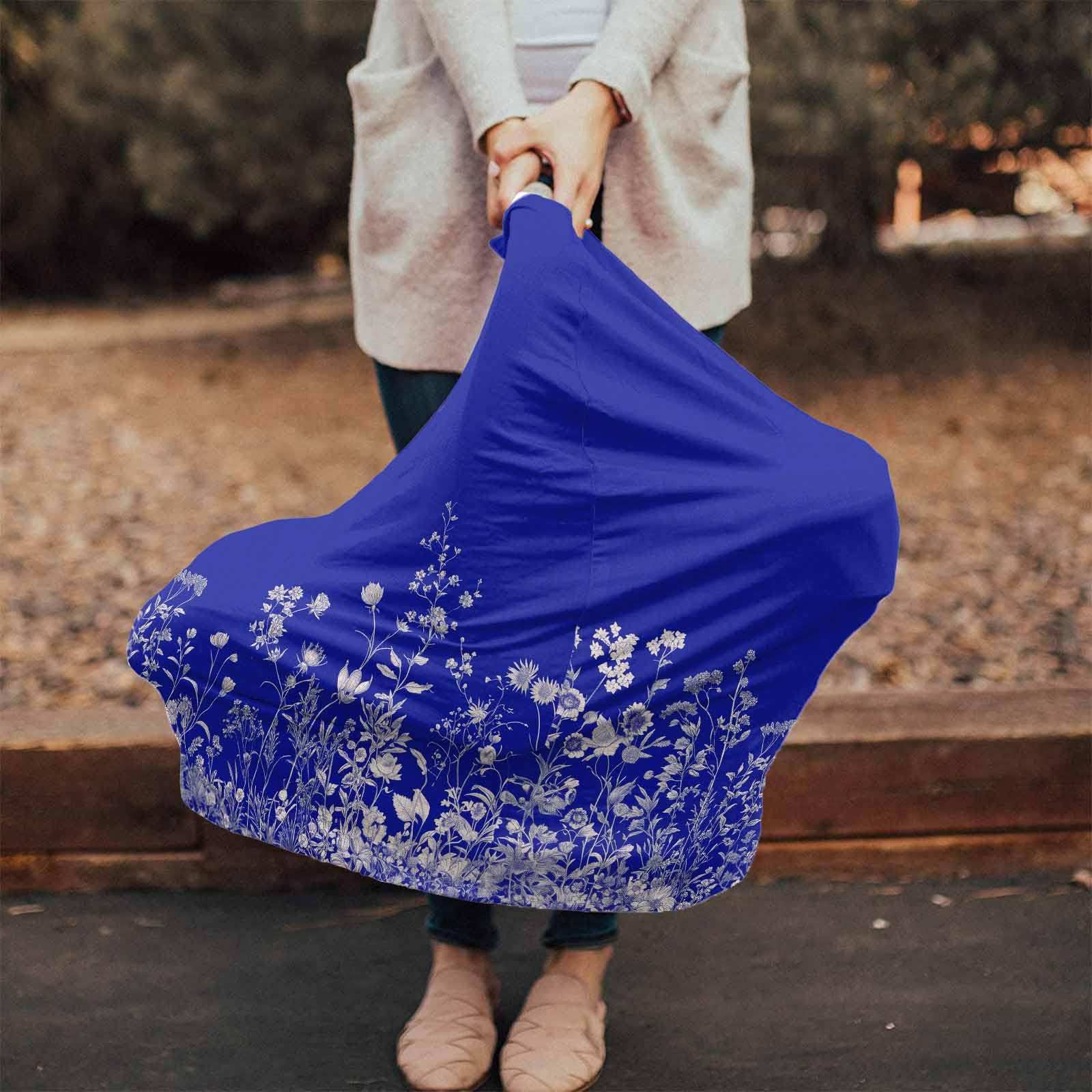 Nursing Cover for Breastfeeding Scarf, Plants Wildflowers Florals Blue Baby Car Covers Super Soft Multi Use for Canopy Shopping Cart Cover Blanket Stroller Cover