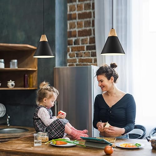 Miniatura 2 de Paquete de 2 lámparas colgantes negras, 9.4 pulgadas, lámpara colgante de granja, luces colgantes industriales, luces colgantes de cocina para