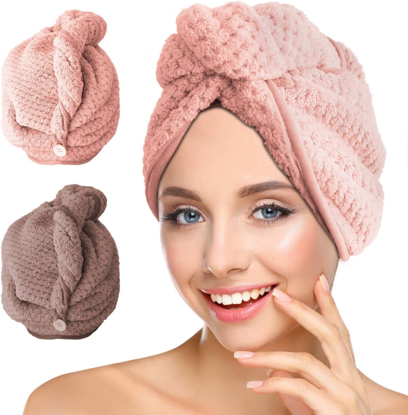Invool 2 Pack Microfiber Hair Drying Towels,Head Wrap Towel, Super Absorbent Hair Towel Turban with Button Design to Dry Hair Quickly,Pink & Coffee