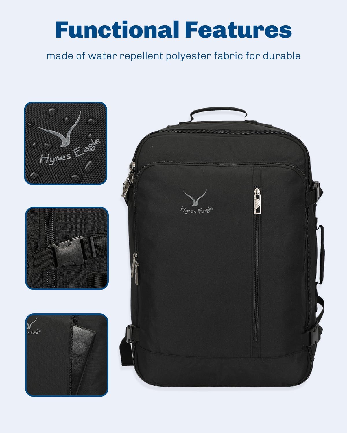 Hynes Eagle Carry on Backpack 38L Large Travel Backpack for Women Flight Approved Weekender Bag Laptop Backpack Men 15 inches Black 2023