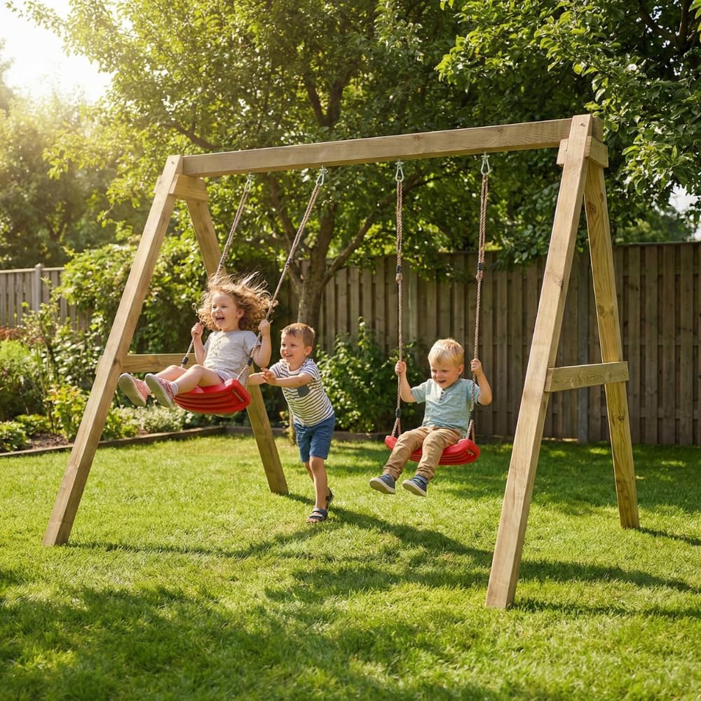 Altalena in Legno Maxplay Swing con Doppia Seduta da Giardino – Altalena Bambini da Esterno, Struttura in Legno Impregnato in Autoclave, Resistente per Uso Privato, Giochi da Giardino 3-10 Anni