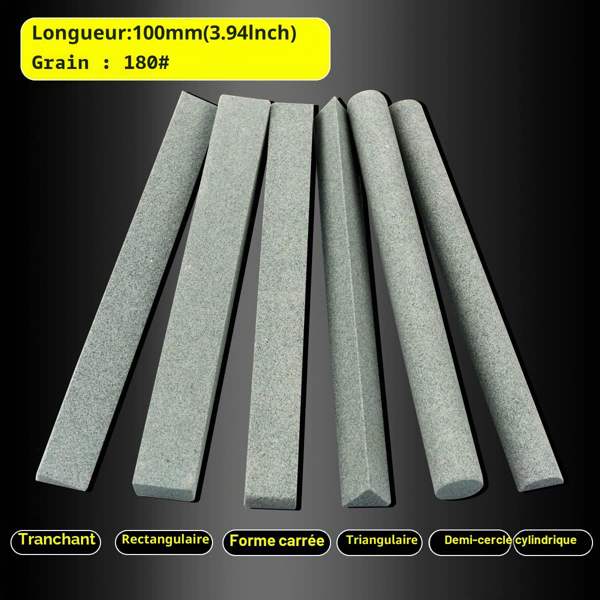 Lot de 6 pierres à aiguiser pour couteau, 180#, pierre à aiguiser grossière pour outils de coupe à lames métalliques, variété de formes (longueur 10 cm)