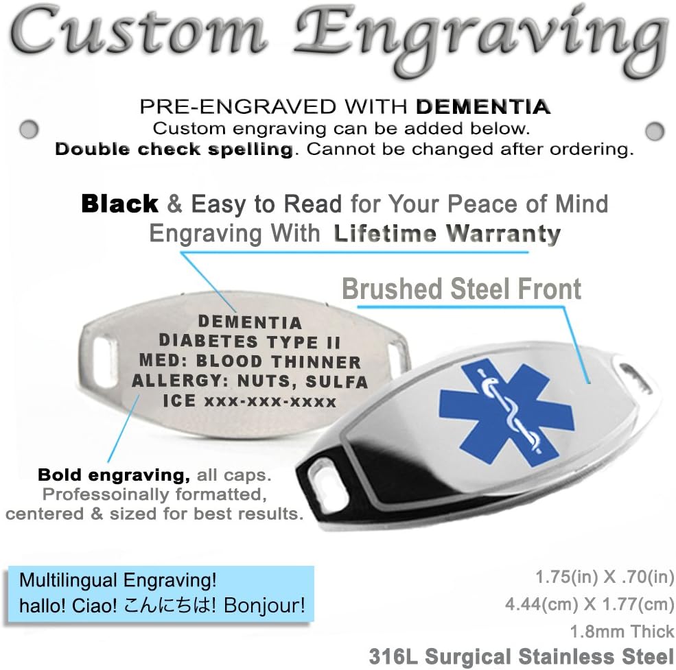 Pre-Engraved & Customized Dementia Medical Bracelet, Wallet Card Incld, Blue