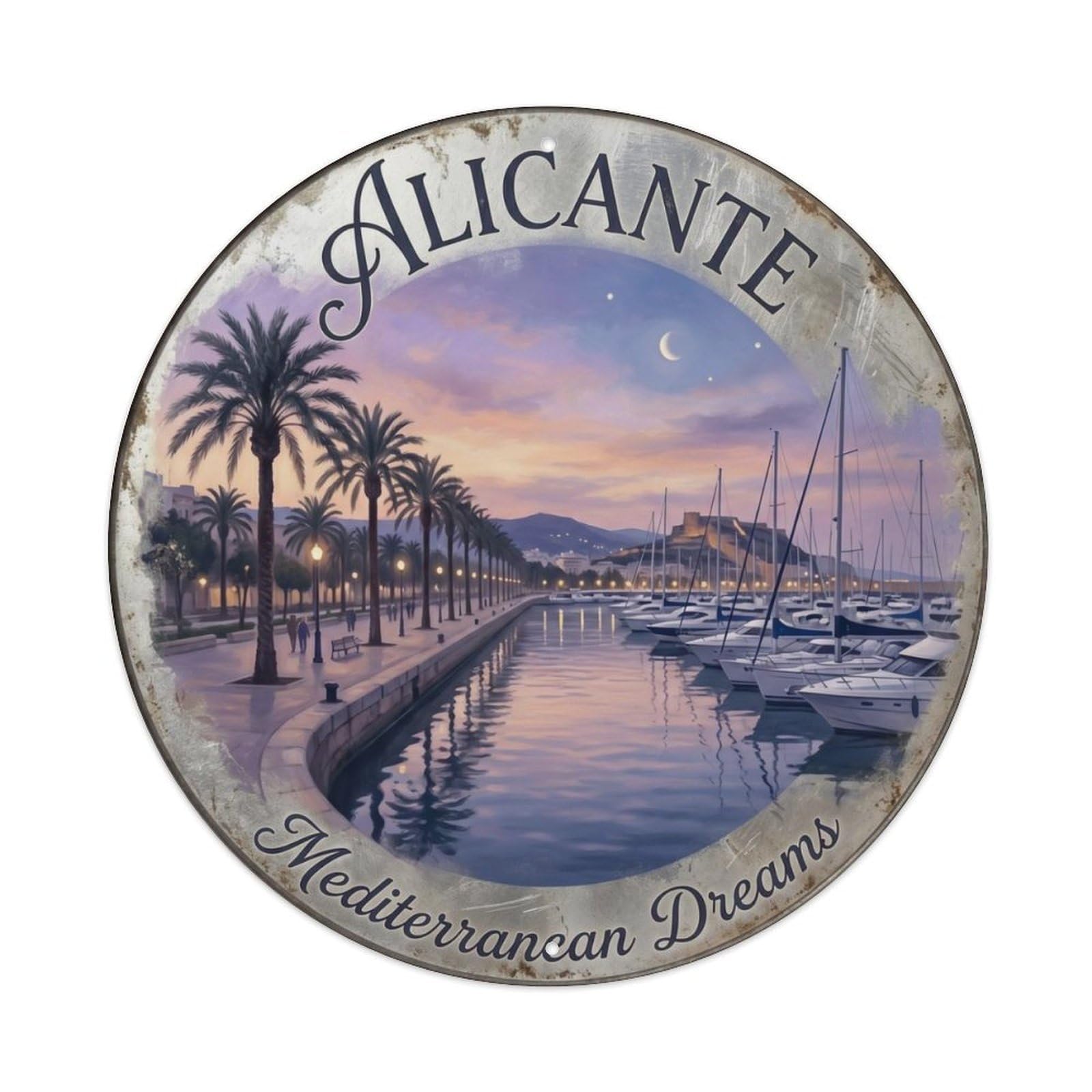 Fqcyn Style Vintage Travel Alicante Waterfront Promenade Metal Tin Sign Plaque Wall Decor For Cafe, Club Bar, Office, Home Garden Round Metal Poster 8X8inch