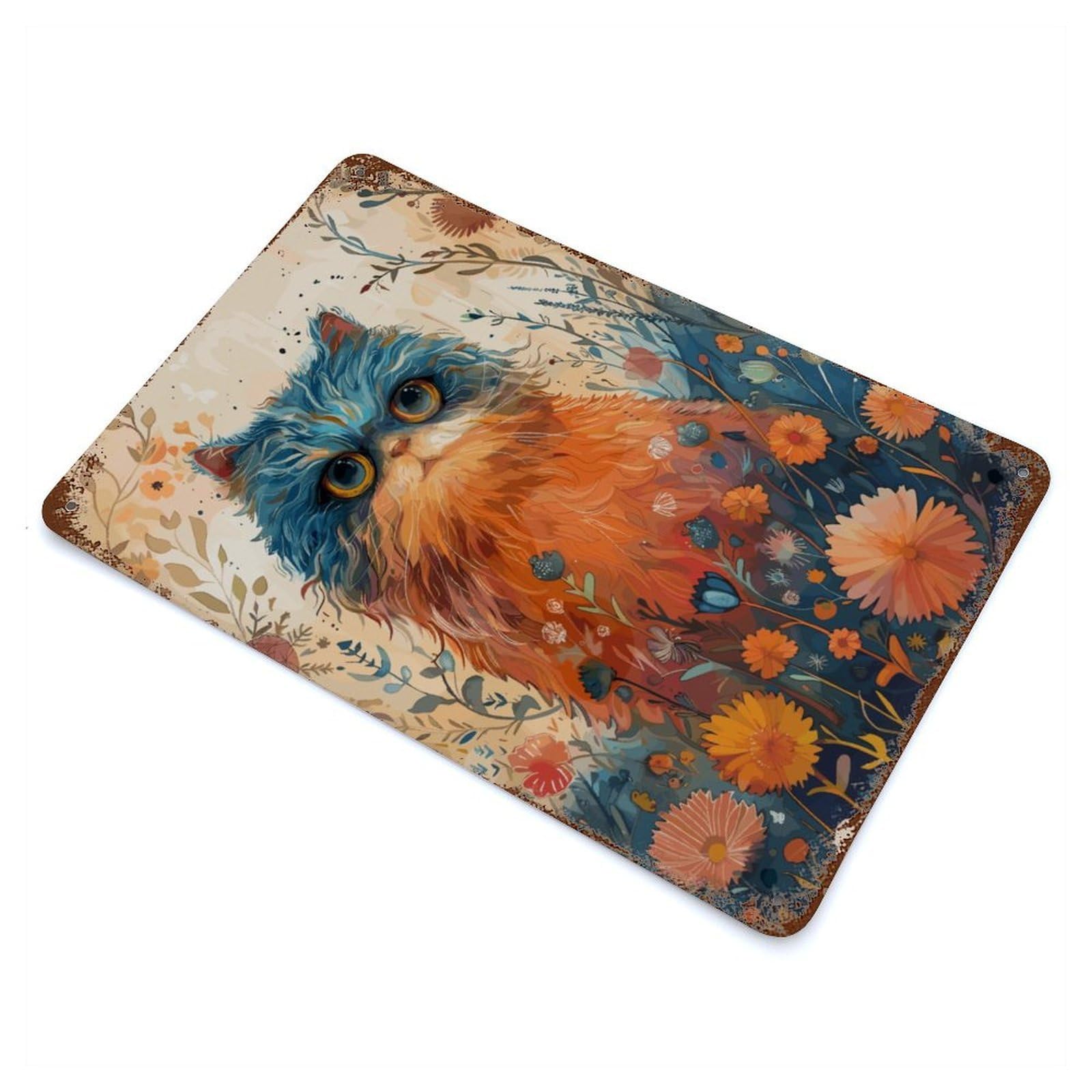 Rust Effect Persian Cat Aged Metal Wall Plaque 11.8"x7.9", Rustic Home Decor for Bistro, Counter And Cafe Decor