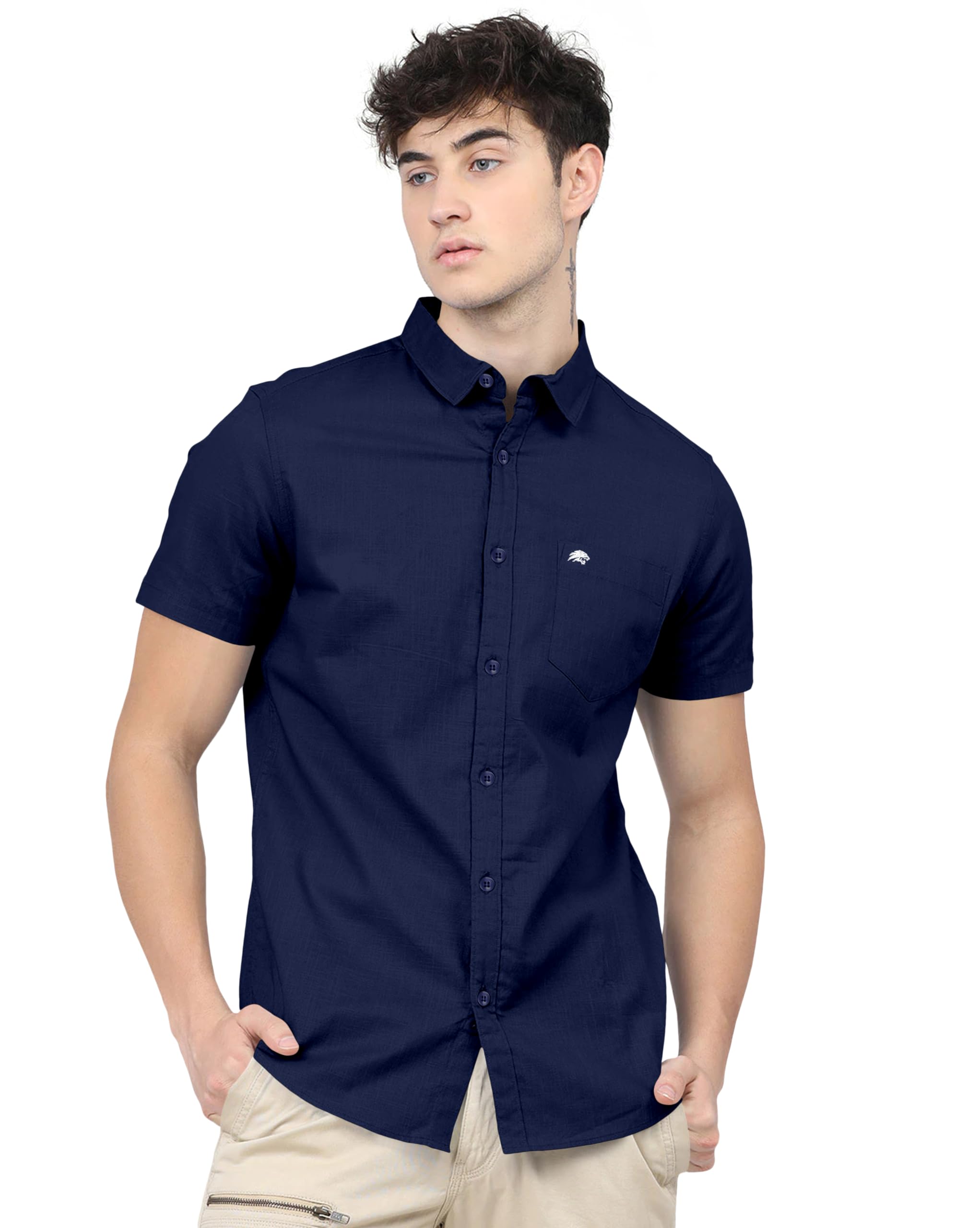 brucewane Men 100% Cotton Half Sleeve Plain Shirt-picture-44