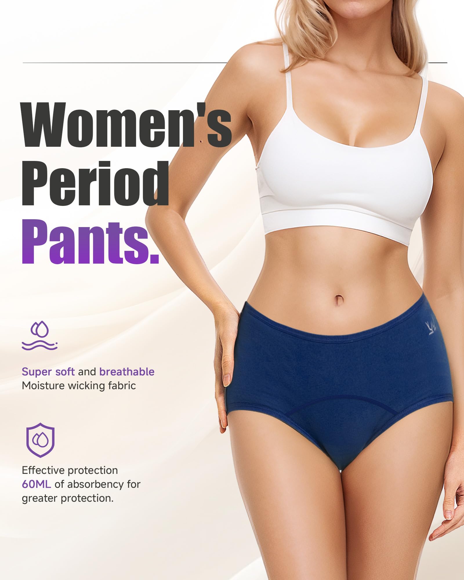 TANSTC Bragas Menstruales Mujer Algodon 60ML, Menstruación Protección Hygiénia Absorbente y Lavable, Ropa Interior Mujer Ecológica y Reutilizable, Pack de 3