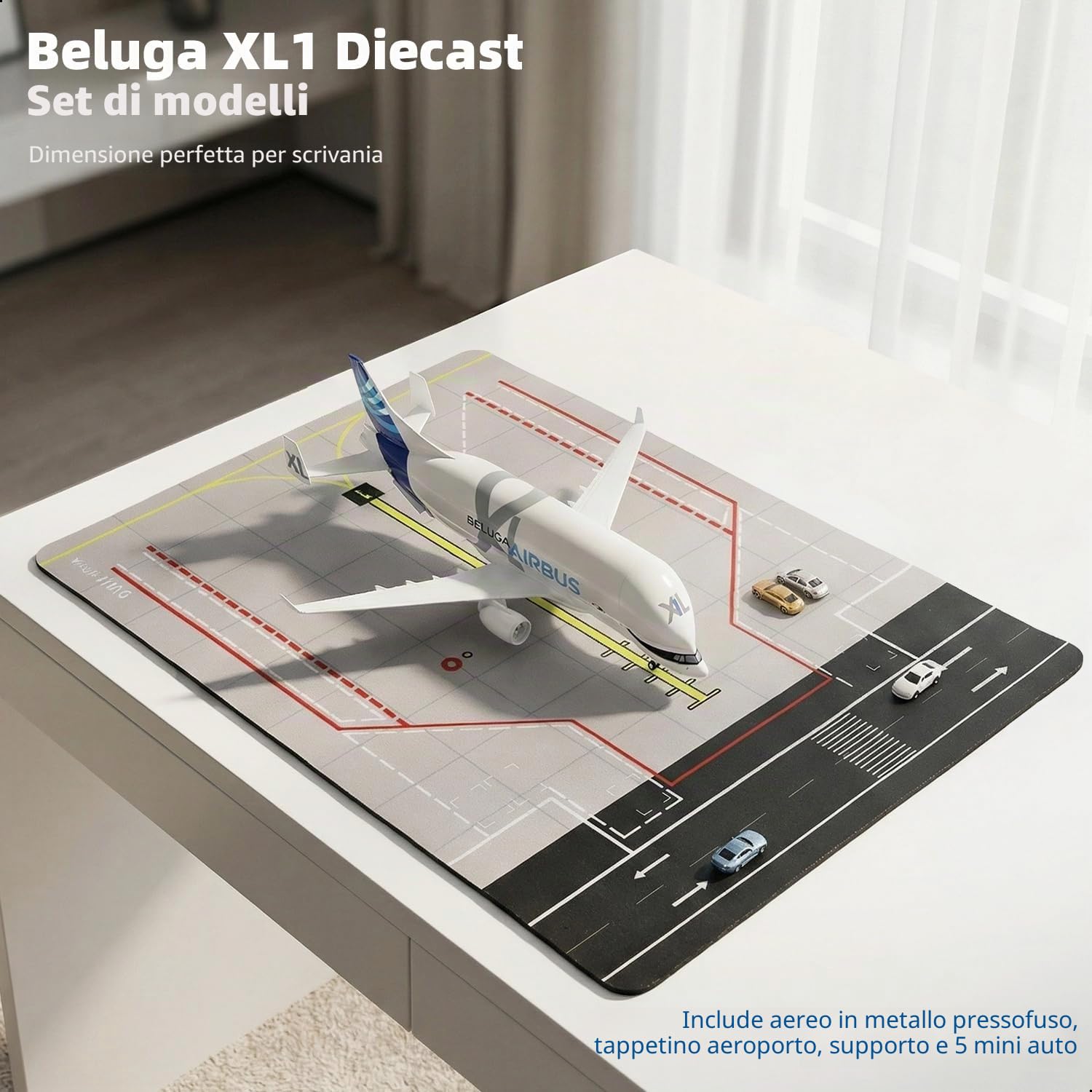 1/300 A330 Beluga XL modello di aeroporto con tappetino in gomma e 5 auto Diecast in metallo, per adulti, collezionisti e decorazioni (tappetino: 25 x 35 cm)