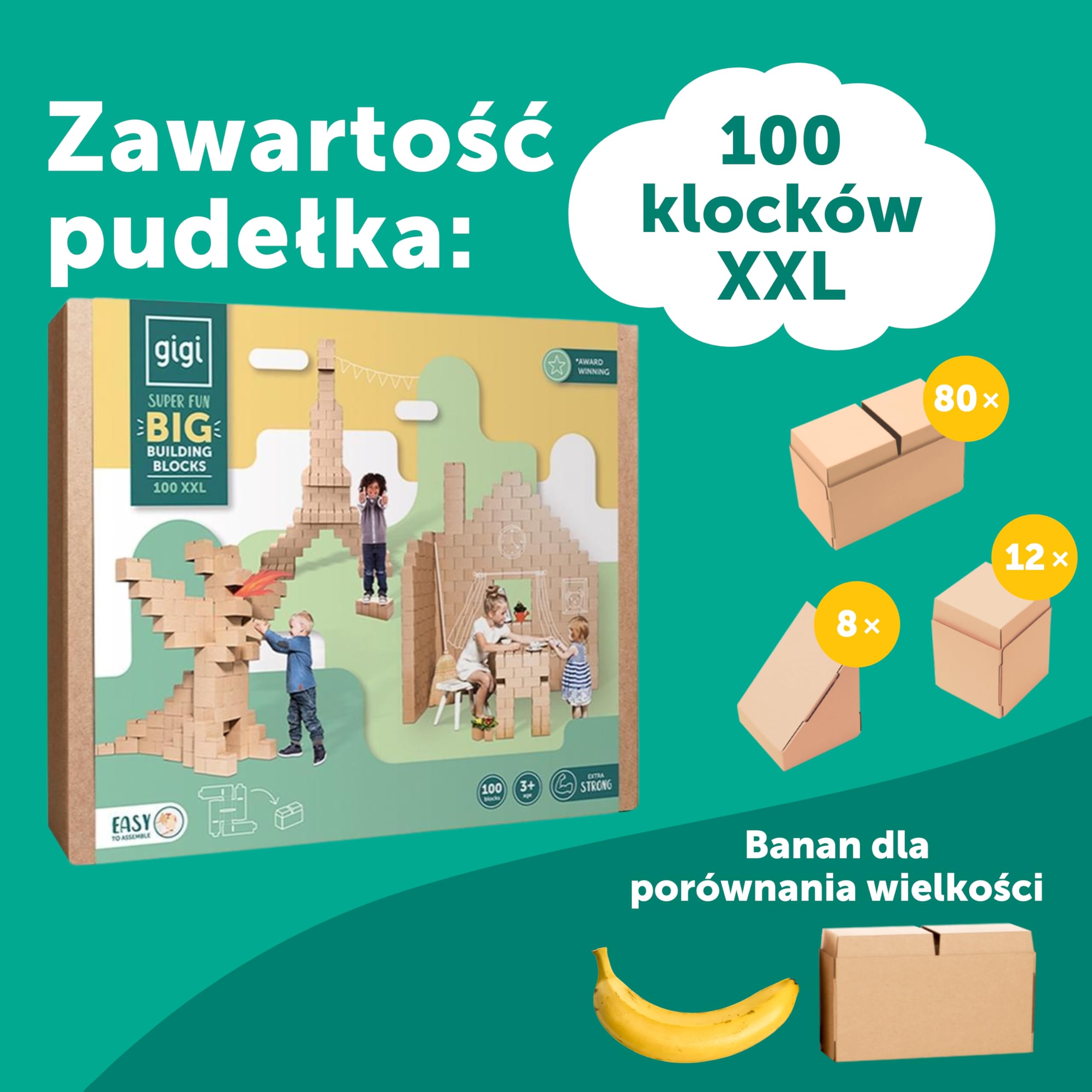 GIGI Bloks 100 XXL Wielkie Klocki Konstrukcyjne dla Dzieci, Kartonowe i Wytrzymałe | Buduj Prawdziwe Zamki i Fortece | Kreatywna Zabawka Edukacyjna Montessori dla Chłopców i Dziewczynek od 3 Lat