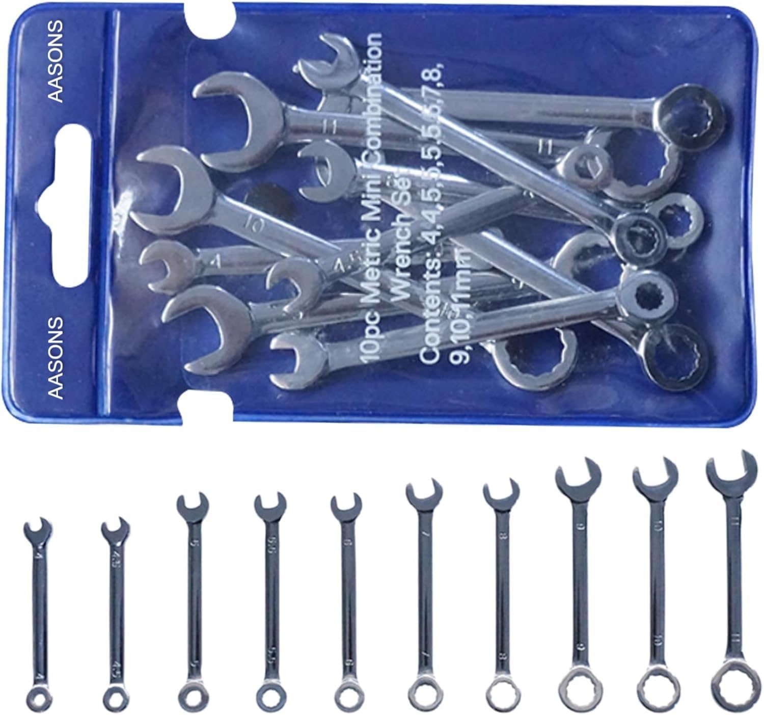 AASONS Small Combination Spanner Set, 10 Pieces Mini Slim Size 4-11mm Stainless Steel Metric Spanners Thin For Compact Spaces & Tight, Hard-To-Reach Areas.-image-5