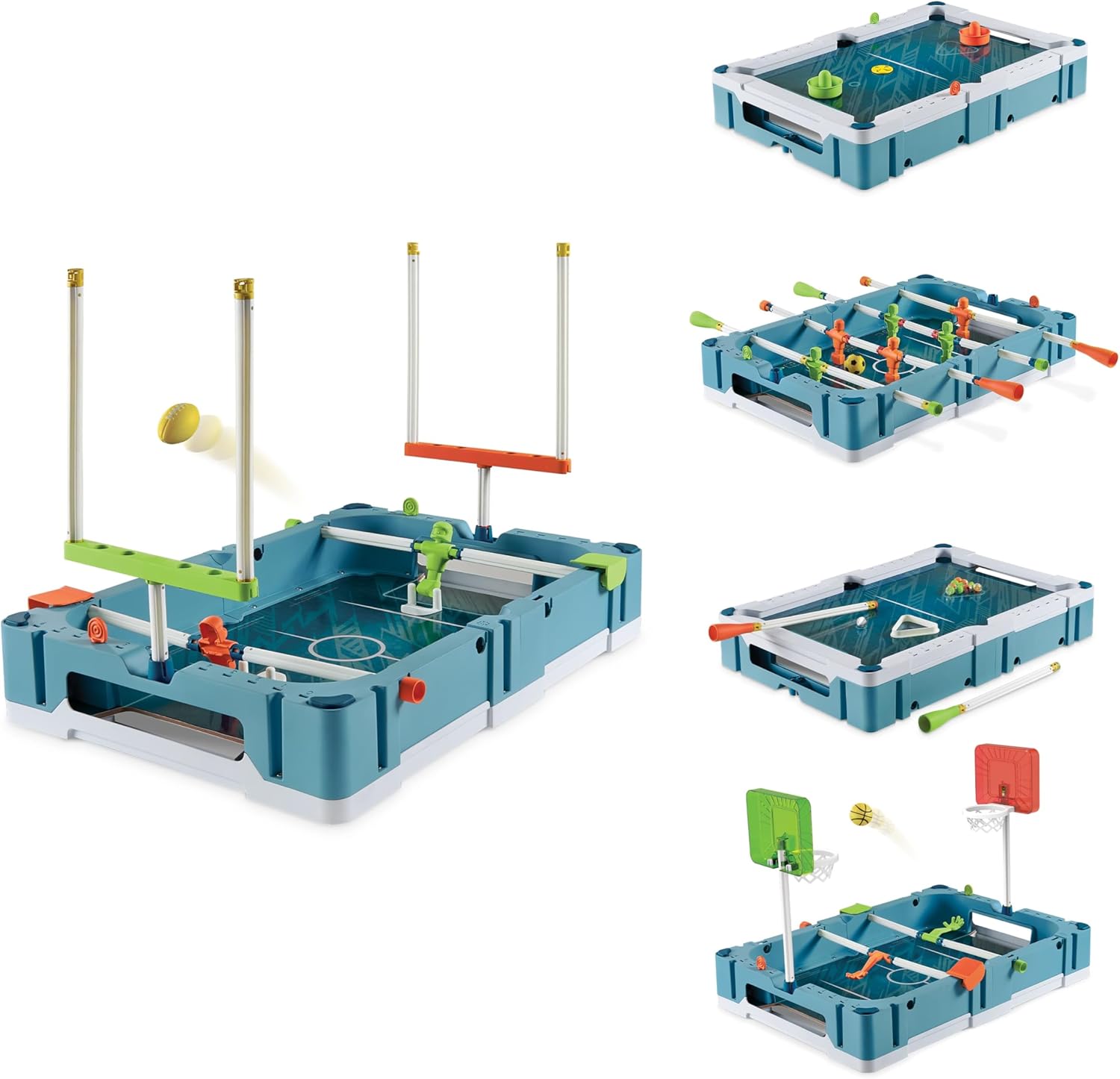 EastPoint 5-in-1 Tabletop Stadium Games – Teal, Plastic – Air Hockey Table for Kids with Score Trackers – 24-Inch Play Area for Arcade & Football Games