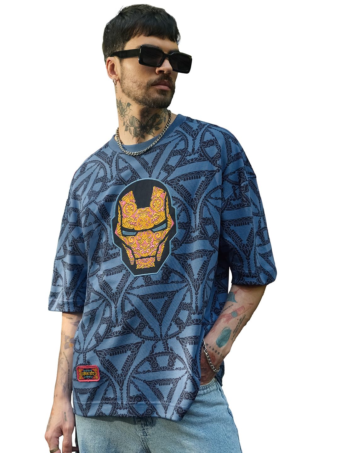 - Marvel Indie: Logo Men and Boys Short Sleeves Round Neck Embroidered Drop Shoulder Baggy Casual Streetwear Superheroes Inspired Cotton Super Oversized T-Shirt