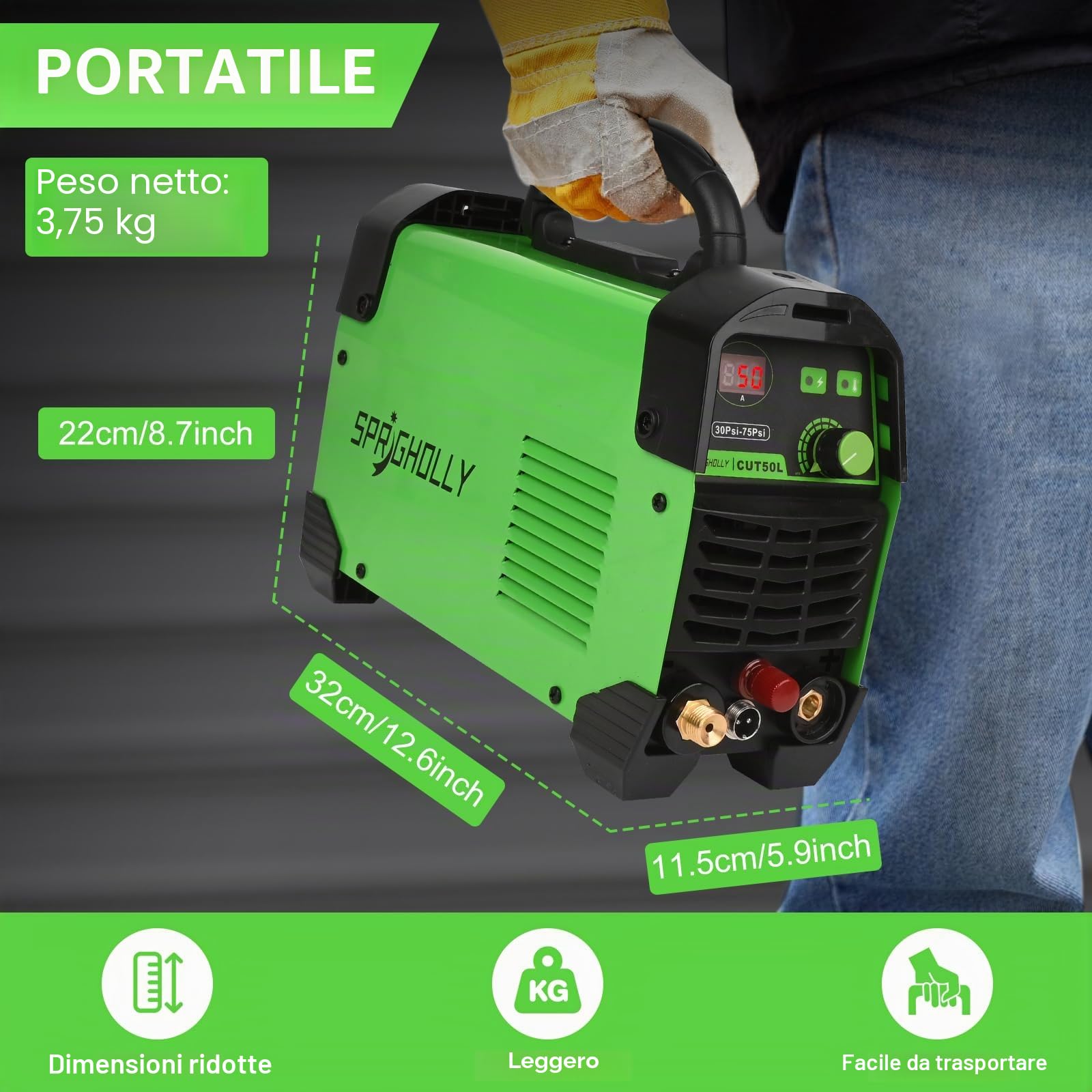 Macchina Taglio Plasma con Pilot Arc Non-Touch da 50 Amp e 240V, con un Max Cut di 16 mm, un Clear Cut di 12 mm, display digitale e aggiornamento CUT50L