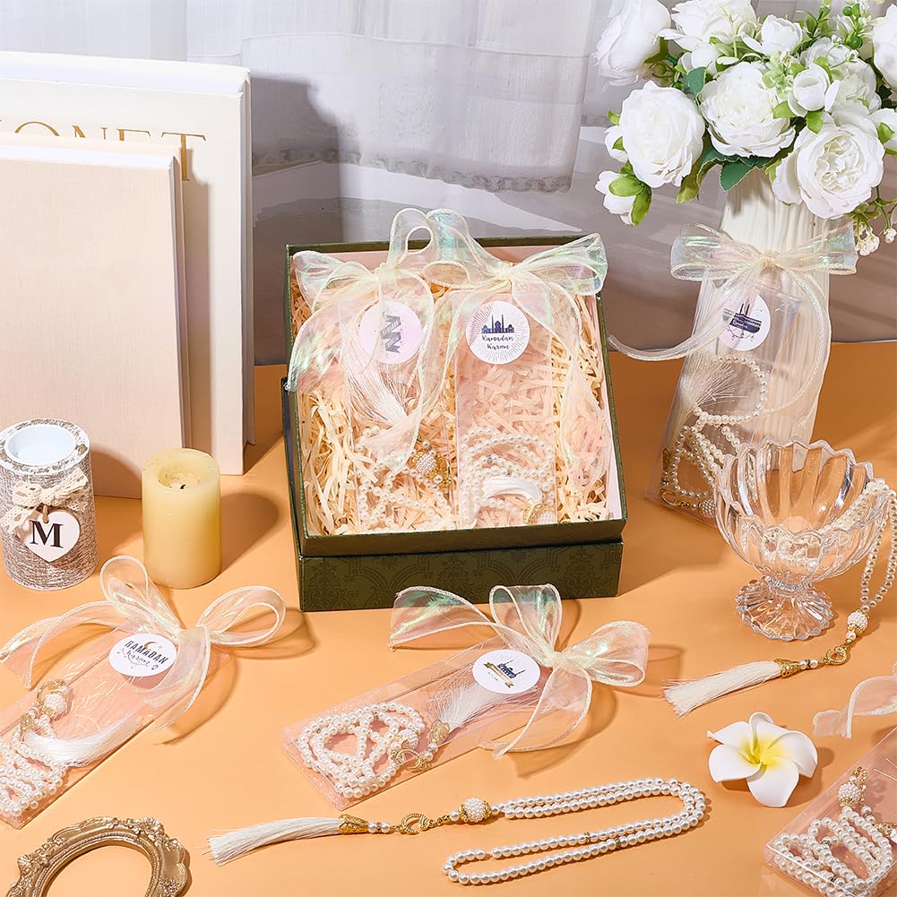OLYCRAFT Set di 27 perline di preghiera islamiche bianche, per preghiera, bomboniere, con perle di vetro, nastro in organza di nylon, adesivi di carta e scatole di imballaggio, per festival, feste